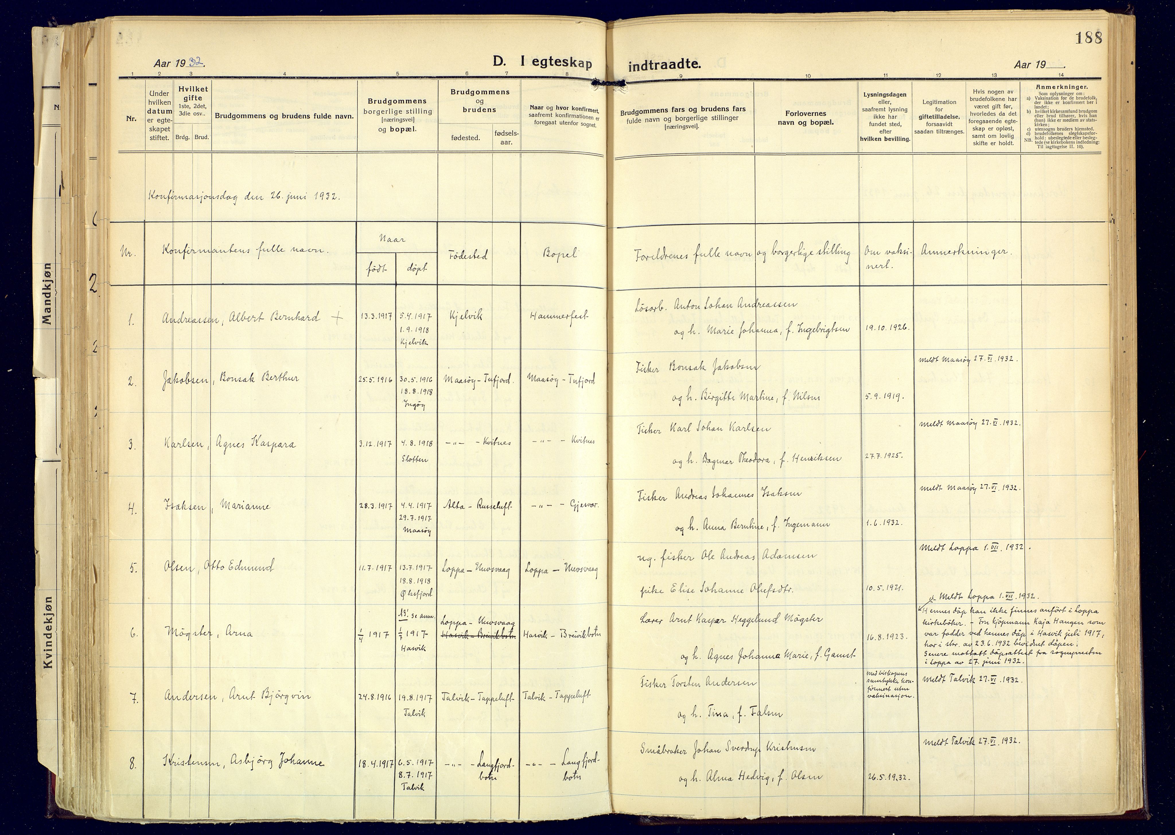 Hammerfest sokneprestkontor, SATØ/S-1347: Parish register (official) no. 17, 1923-1933, p. 188