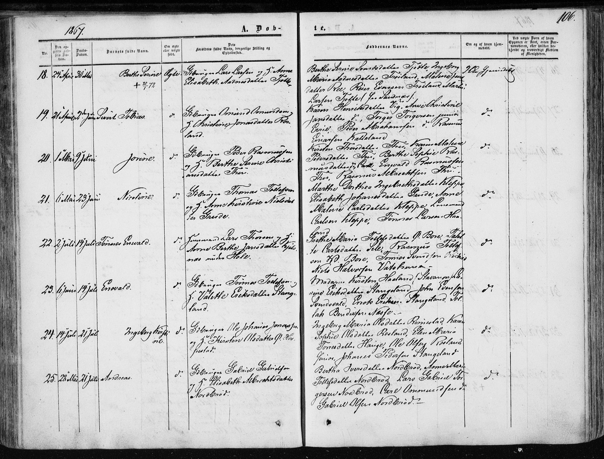 Klepp sokneprestkontor, SAST/A-101803/001/3/30BA/L0005: Parish register (official) no. A 5, 1853-1870, p. 106