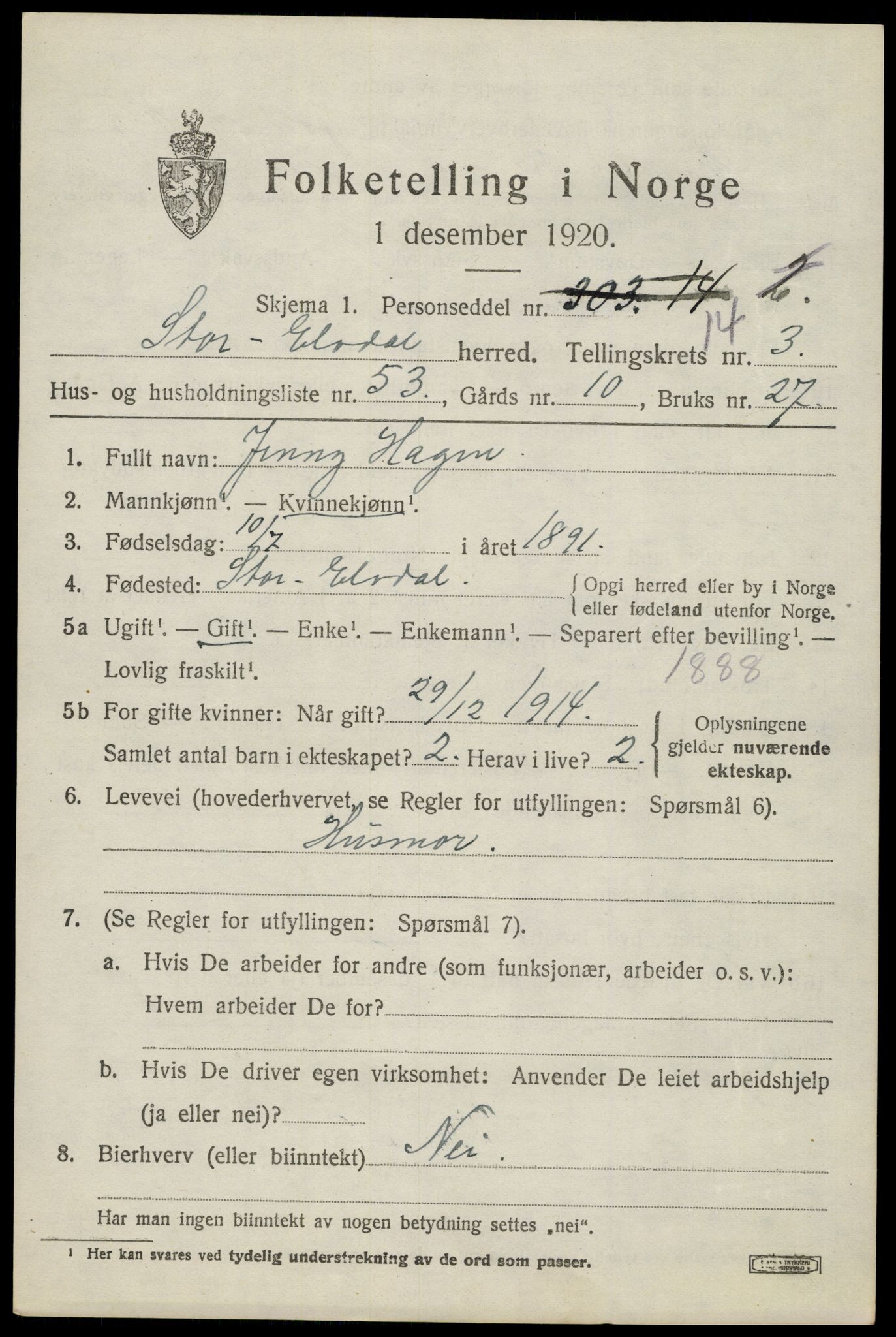 SAH, 1920 census for Stor-Elvdal, 1920, p. 3388