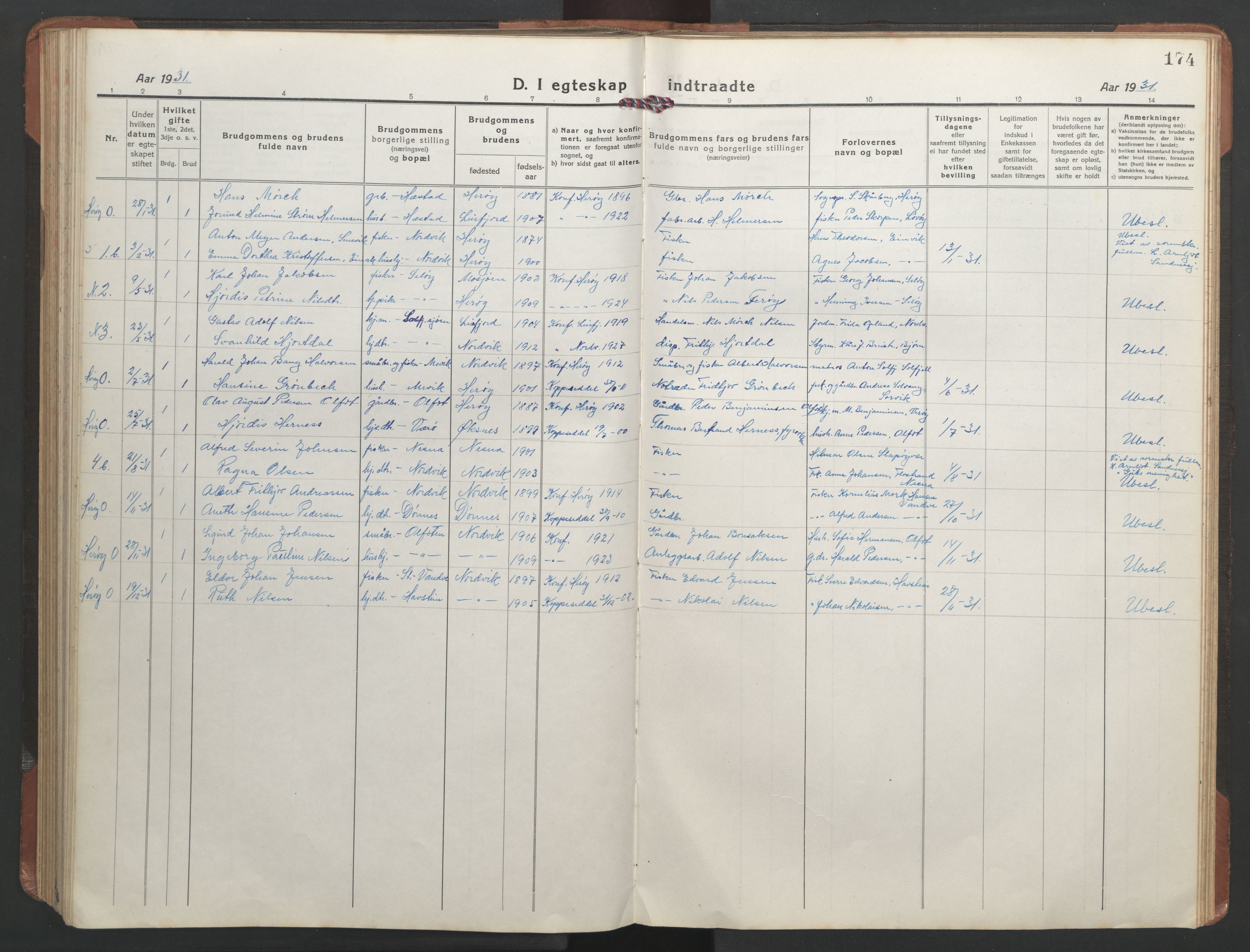 Ministerialprotokoller, klokkerbøker og fødselsregistre - Nordland, SAT/A-1459/836/L0539: Parish register (copy) no. 836C03, 1917-1949, p. 174