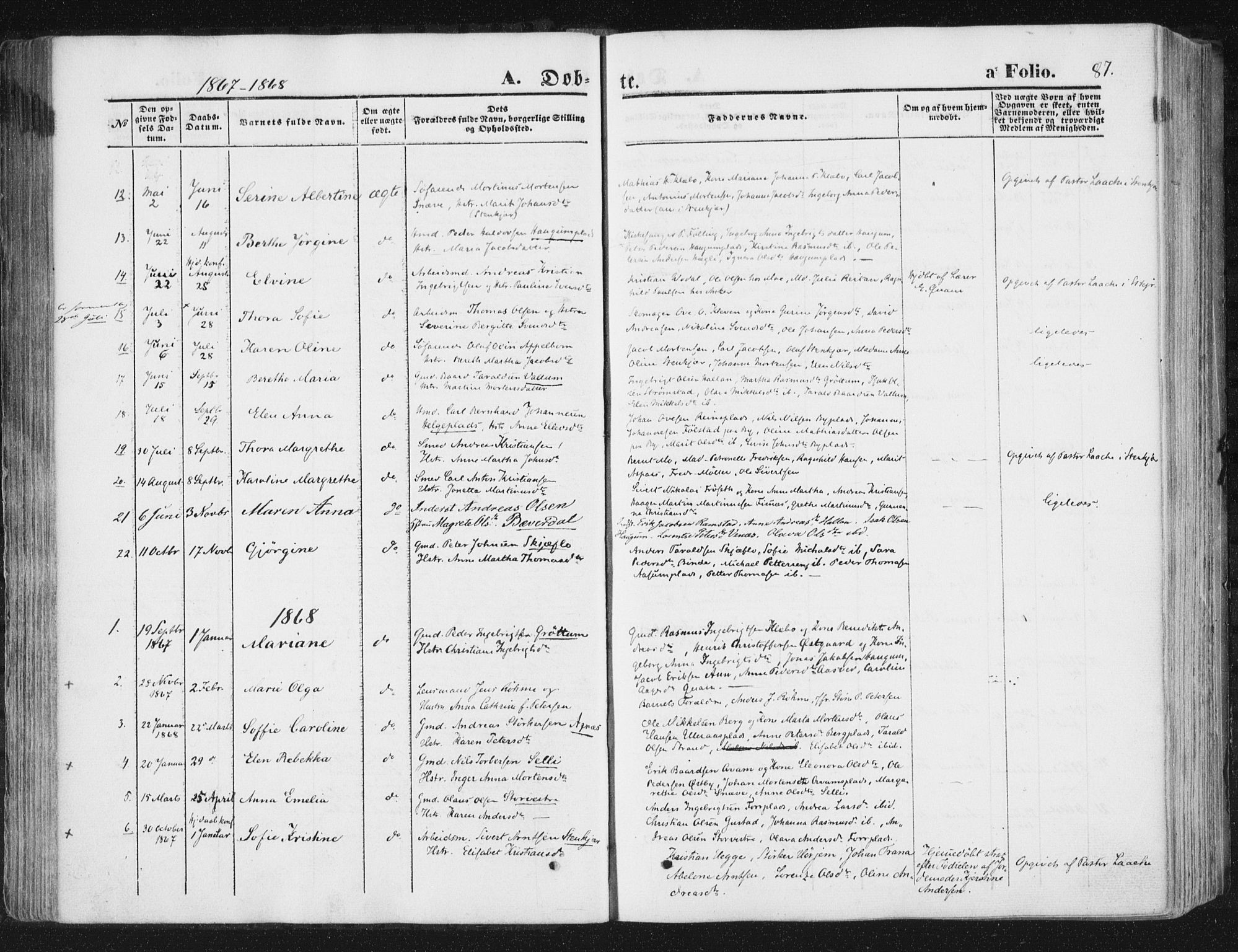 Ministerialprotokoller, klokkerbøker og fødselsregistre - Nord-Trøndelag, SAT/A-1458/746/L0447: Parish register (official) no. 746A06, 1860-1877, p. 87
