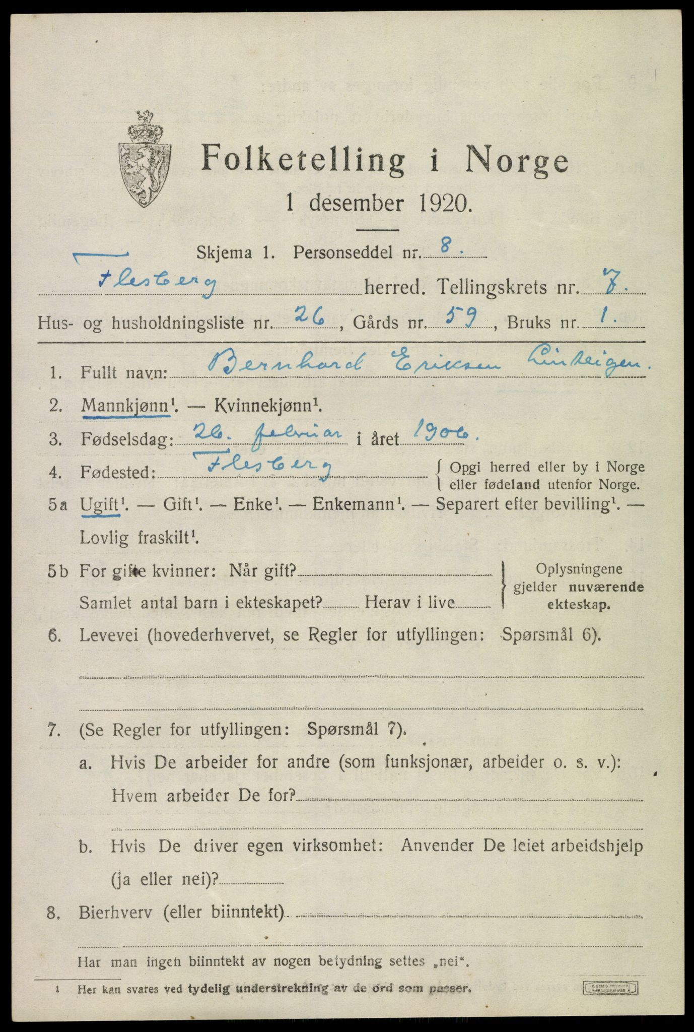 SAKO, 1920 census for Flesberg, 1920, p. 3037