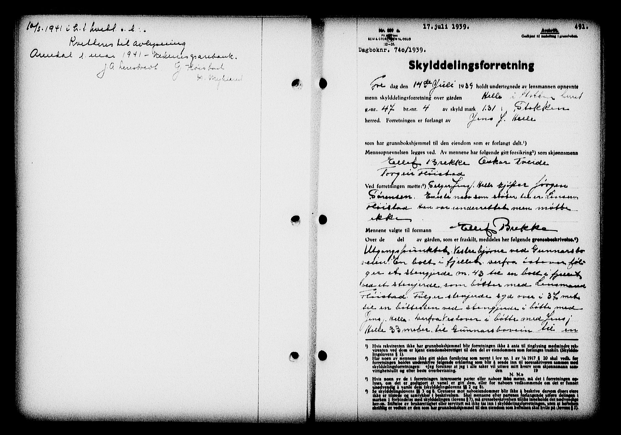 Nedenes sorenskriveri, AV/SAK-1221-0006/G/Gb/Gba/L0046: Mortgage book no. 42, 1938-1939, Diary no: : 740/1939