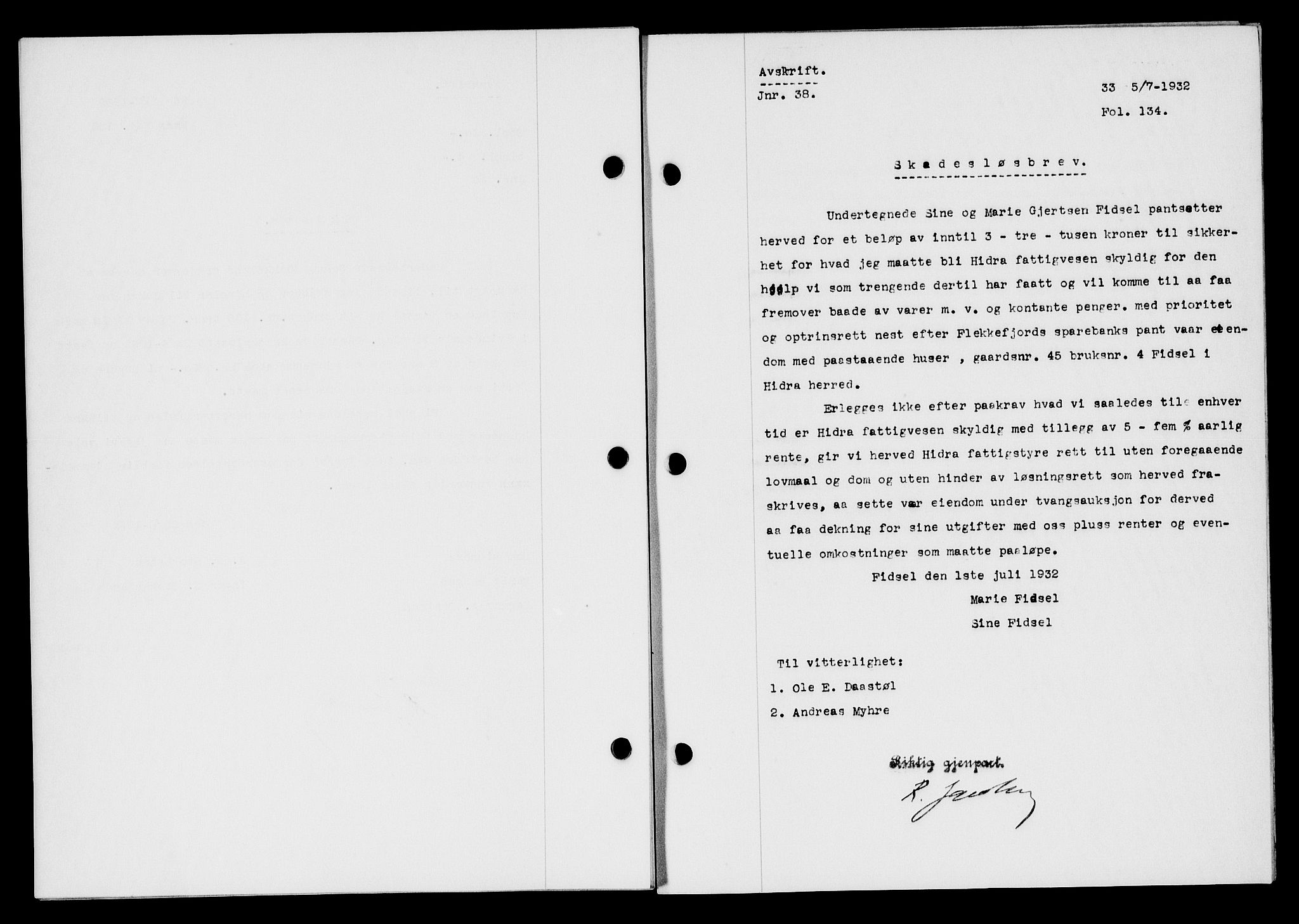 Flekkefjord sorenskriveri, SAK/1221-0001/G/Gb/Gba/L0047: Mortgage book no. 45, 1931-1932, Deed date: 05.07.1932