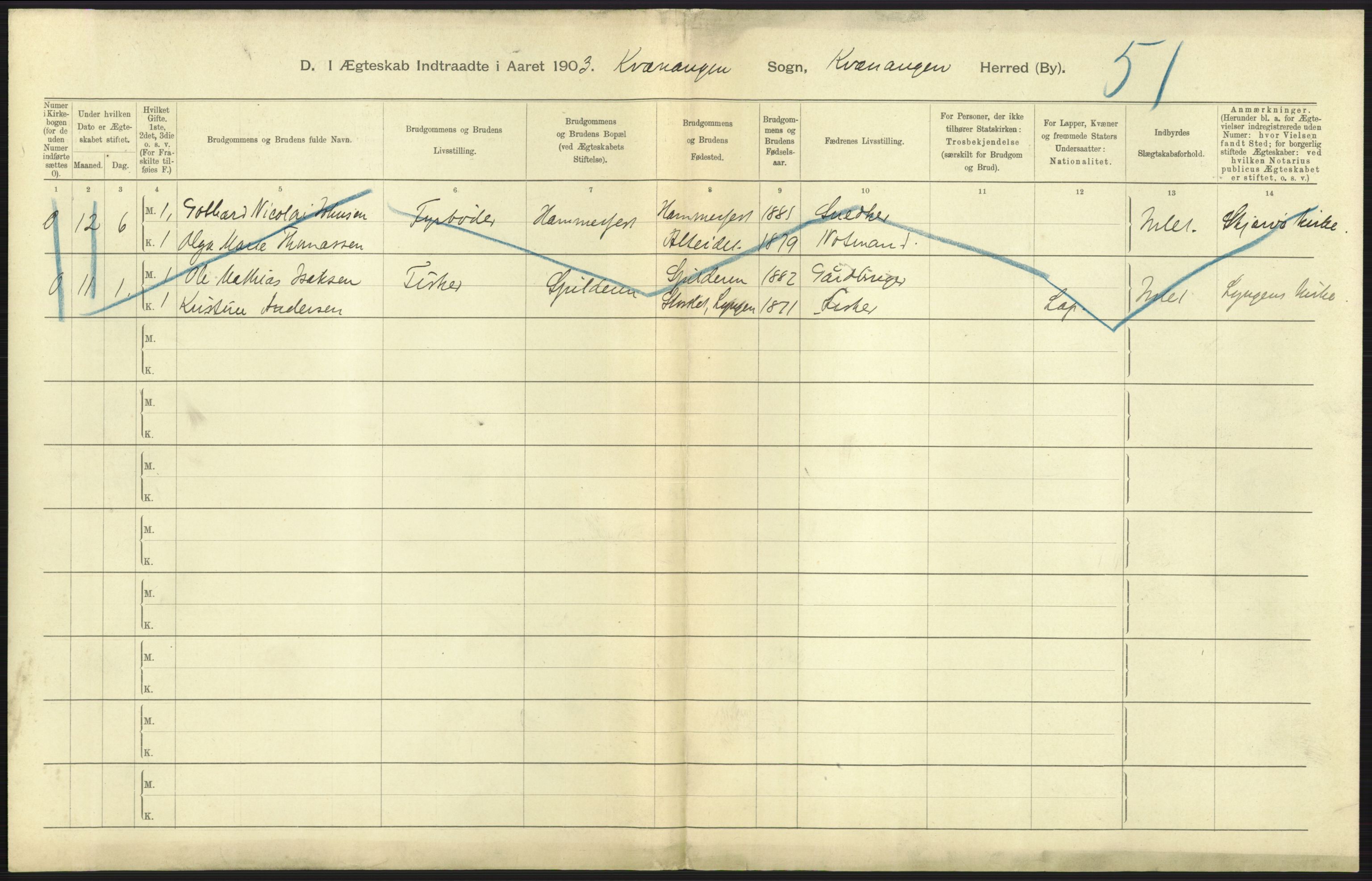 Statistisk sentralbyrå, Sosiodemografiske emner, Befolkning, RA/S-2228/D/Df/Dfa/Dfaa/L0021: Tromsø amt: Fødte, gifte, døde., 1903, p. 301