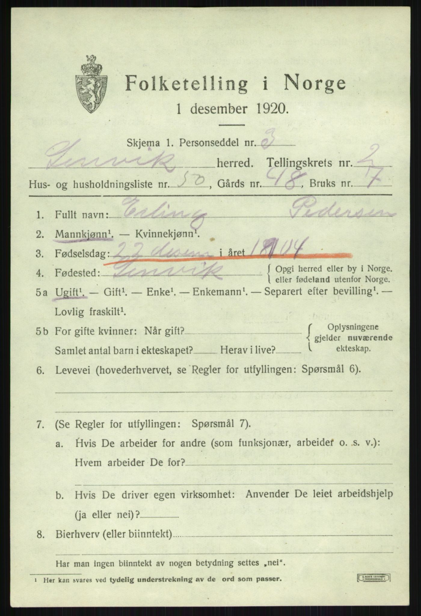 SATØ, 1920 census for Lenvik, 1920, p. 4644