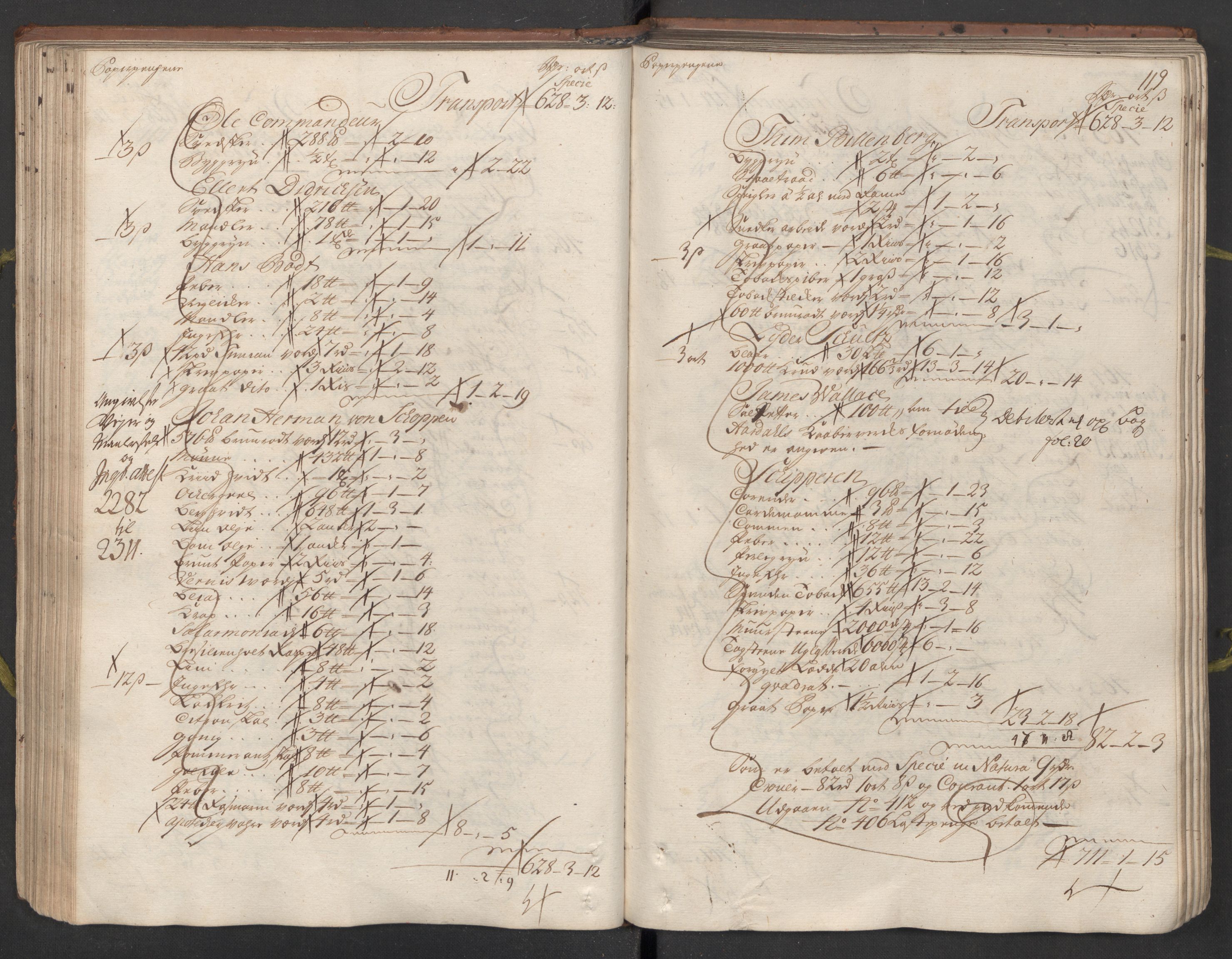 Generaltollkammeret, tollregnskaper, AV/RA-EA-5490/R26/L0023/0001: Tollregnskaper Bergen A / Inngående hovedtollbok, 1733, p. 118b-119a