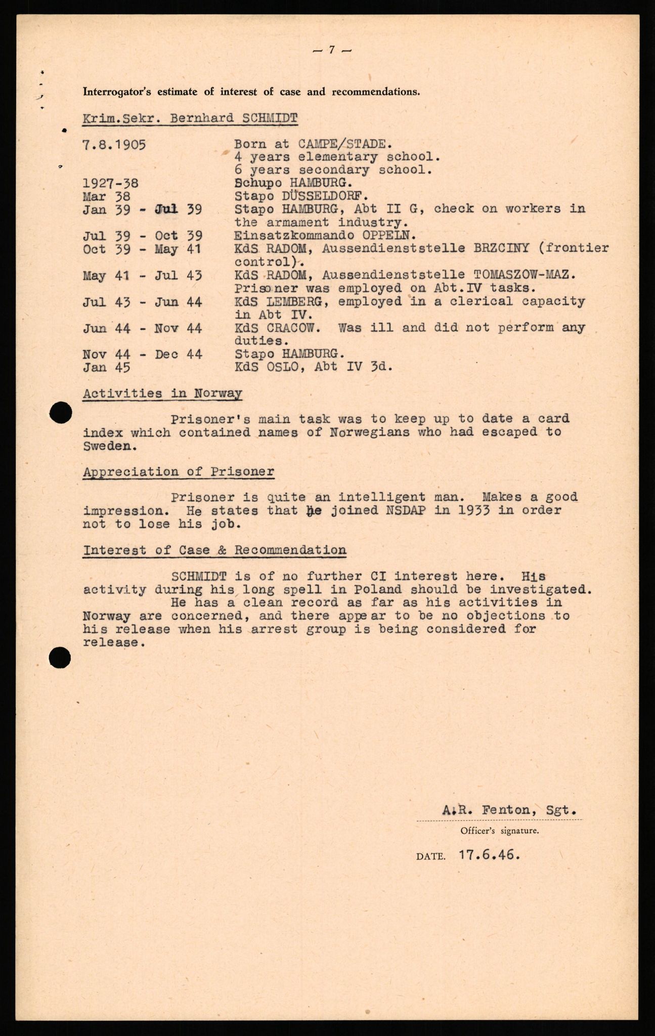 Forsvaret, Forsvarets overkommando II, RA/RAFA-3915/D/Db/L0029: CI Questionaires. Tyske okkupasjonsstyrker i Norge. Tyskere., 1945-1946, p. 373