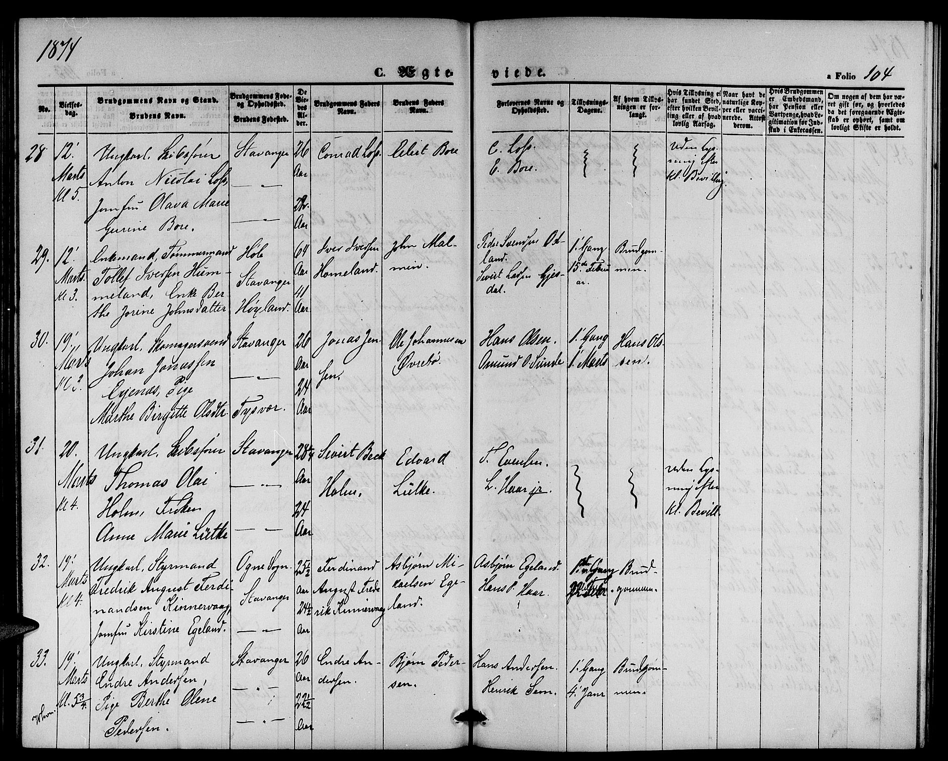 St. Petri sokneprestkontor, AV/SAST-A-101813/001/30/30BB/L0002: Parish register (copy) no. B 2, 1865-1885, p. 104