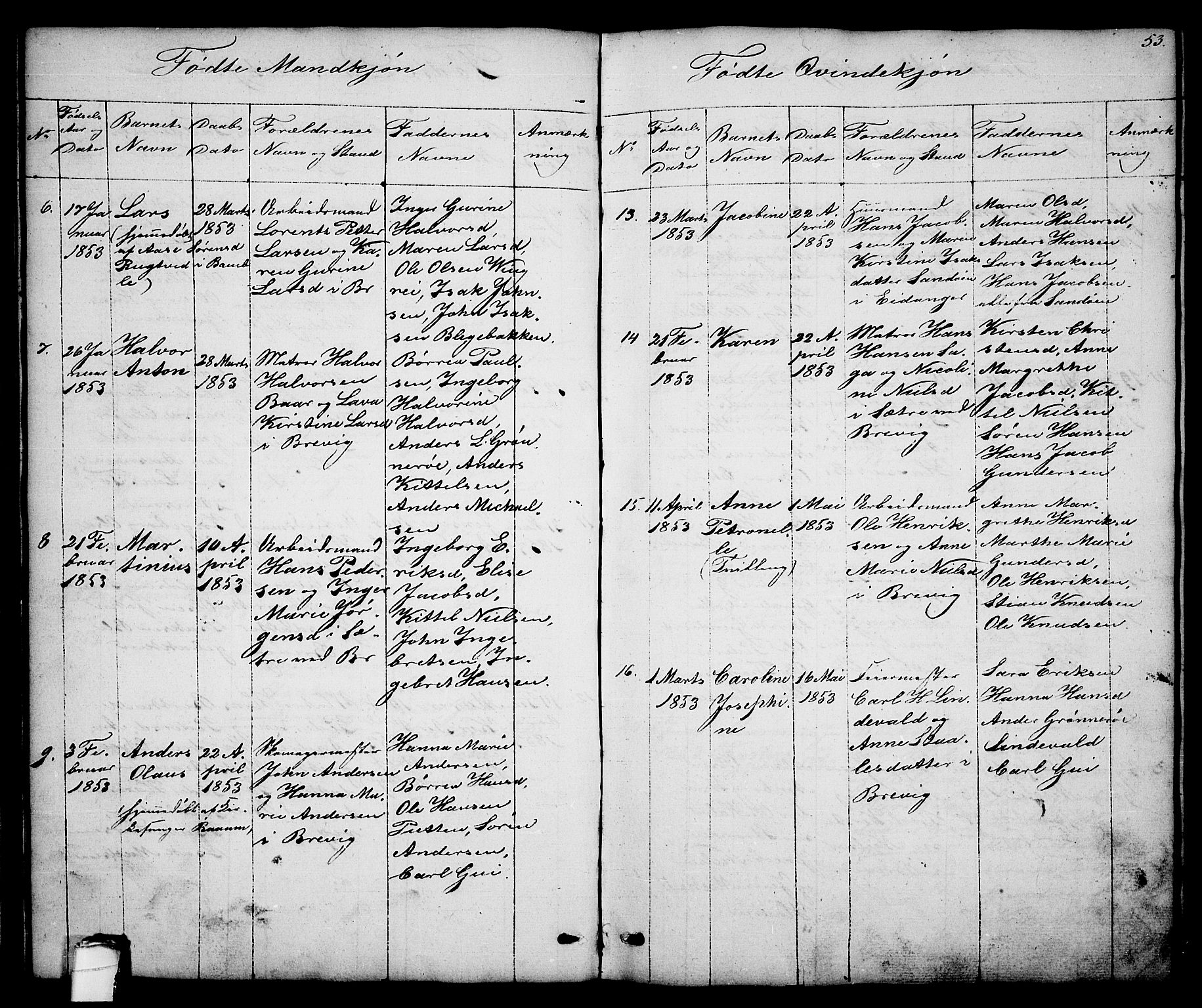 Brevik kirkebøker, AV/SAKO-A-255/G/Ga/L0002: Parish register (copy) no. 2, 1846-1865, p. 53