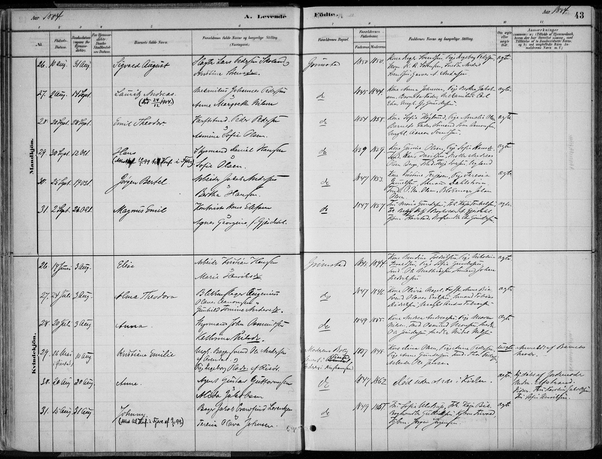 Grimstad sokneprestkontor, AV/SAK-1111-0017/F/Fa/L0003: Parish register (official) no. A 2, 1882-1912, p. 43