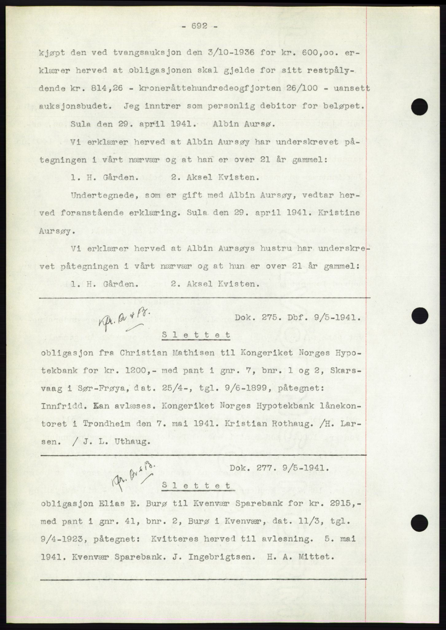 Hitra sorenskriveri, AV/SAT-A-0018/2/2C/2Ca: Mortgage book no. C1, 1936-1945, Diary no: : 275/1941