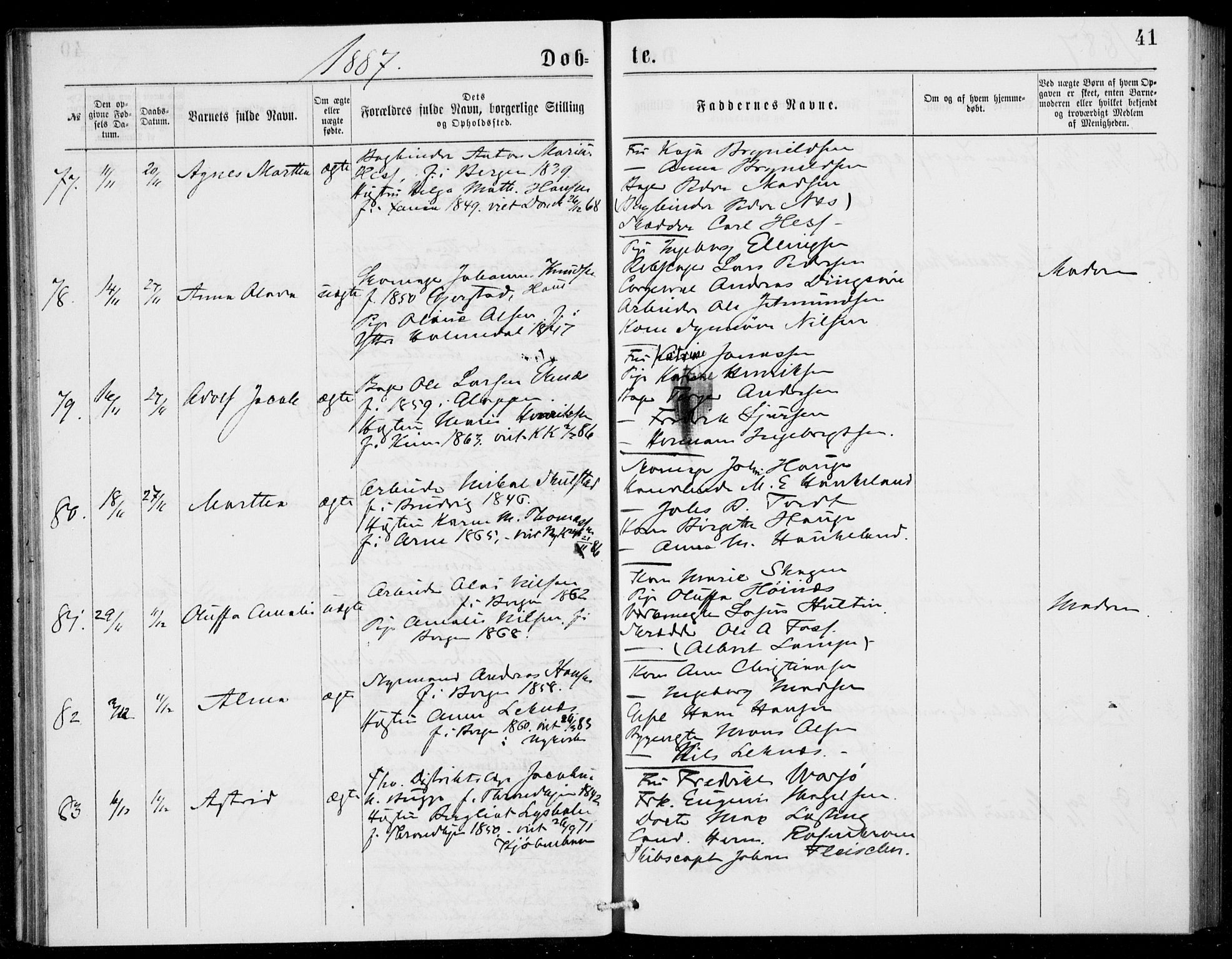 Fødselsstiftelsens sokneprestembete, ført av overlegen*, SAB/-: Parish register (official) no. A 2, 1884-1900, p. 41