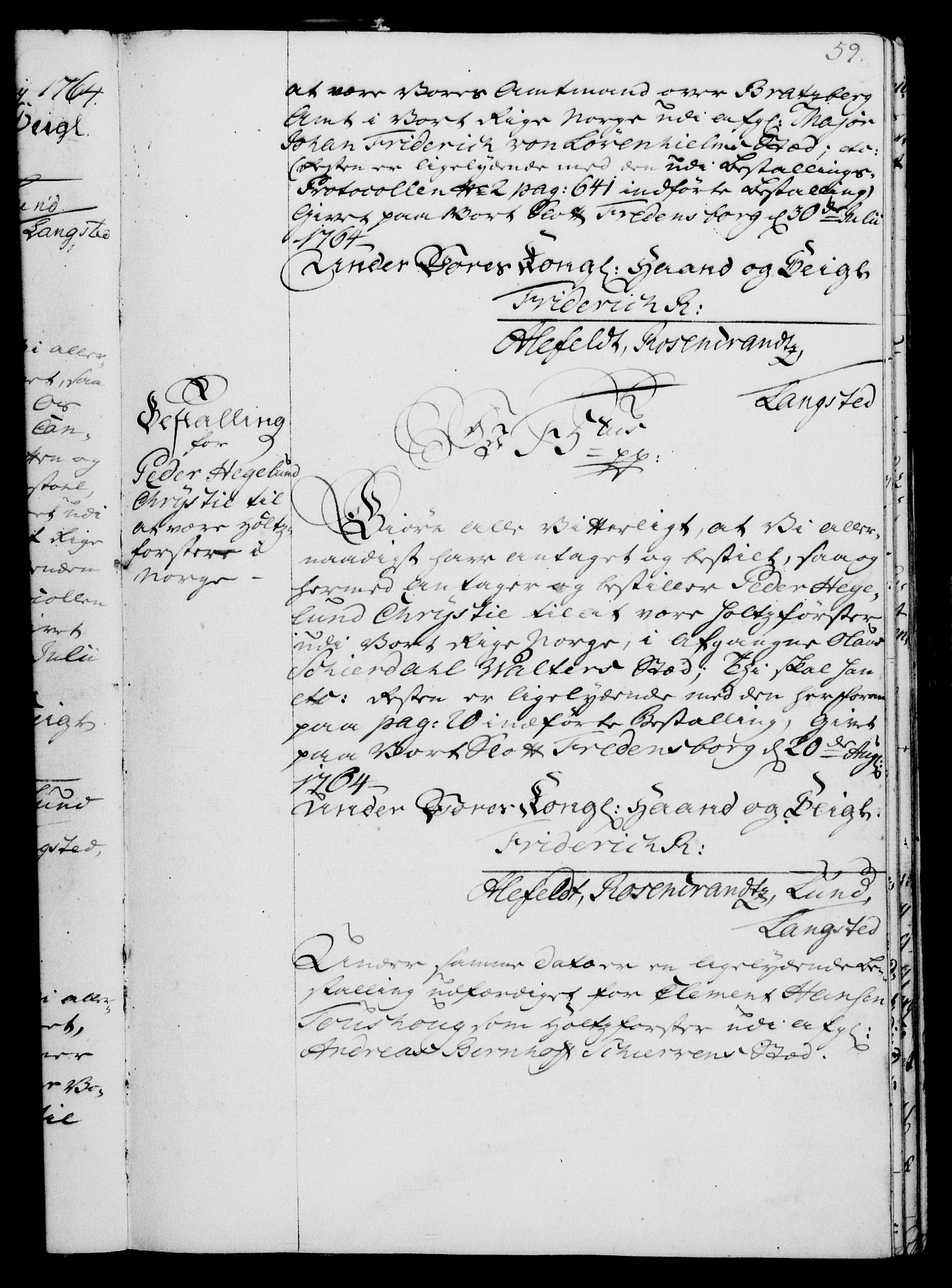 Rentekammeret, Kammerkanselliet, RA/EA-3111/G/Gg/Gge/L0004: Norsk bestallingsprotokoll med register (merket RK 53.28), 1762-1771, p. 59