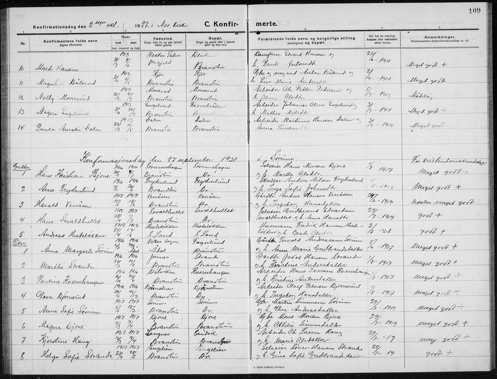 Brandbu prestekontor, AV/SAH-PREST-114/H/Ha/Hab/L0001: Parish register (copy) no. 1, 1914-1937, p. 109