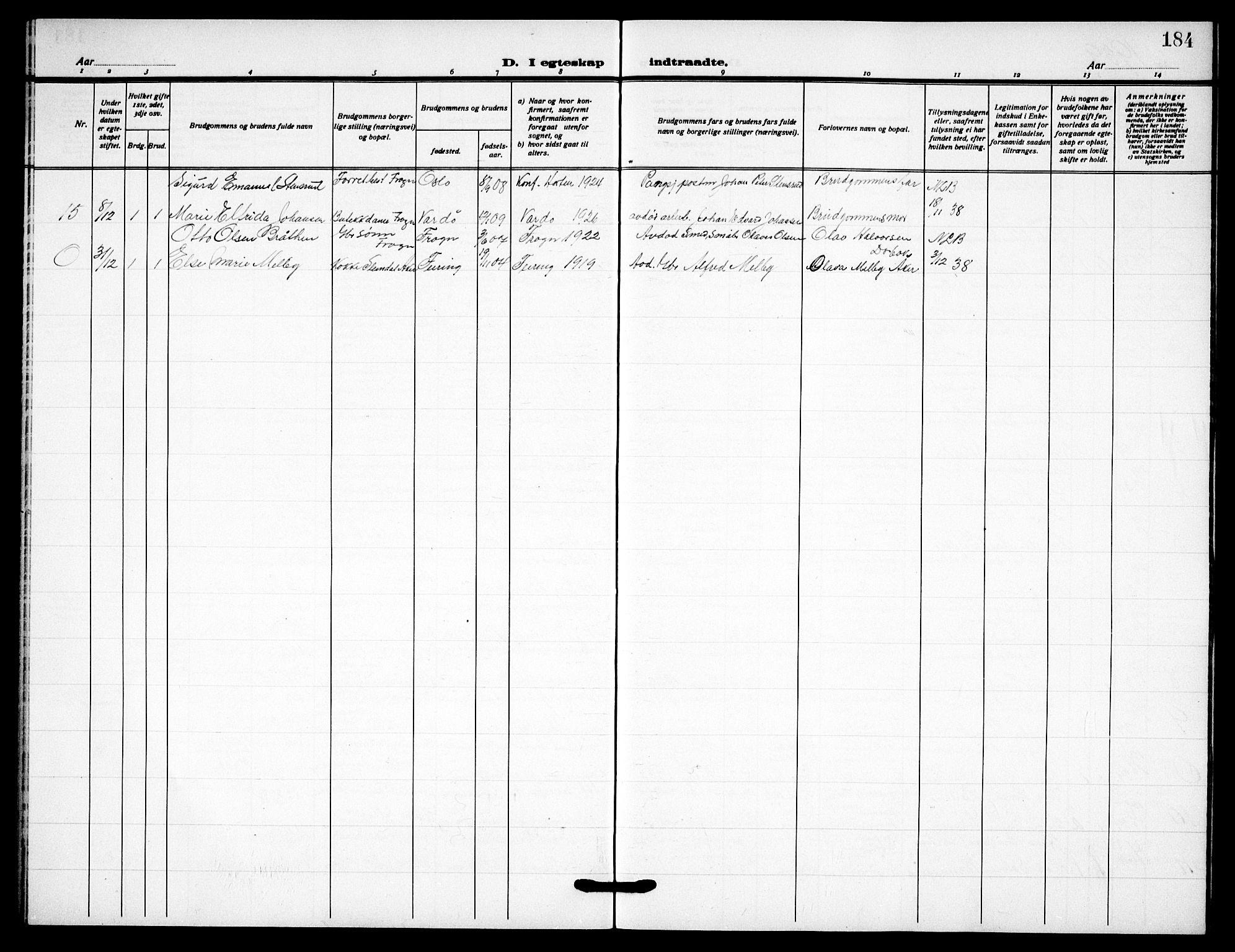 Drøbak prestekontor Kirkebøker, AV/SAO-A-10142a/G/Gb/L0002: Parish register (copy) no. II 2, 1919-1939, p. 184