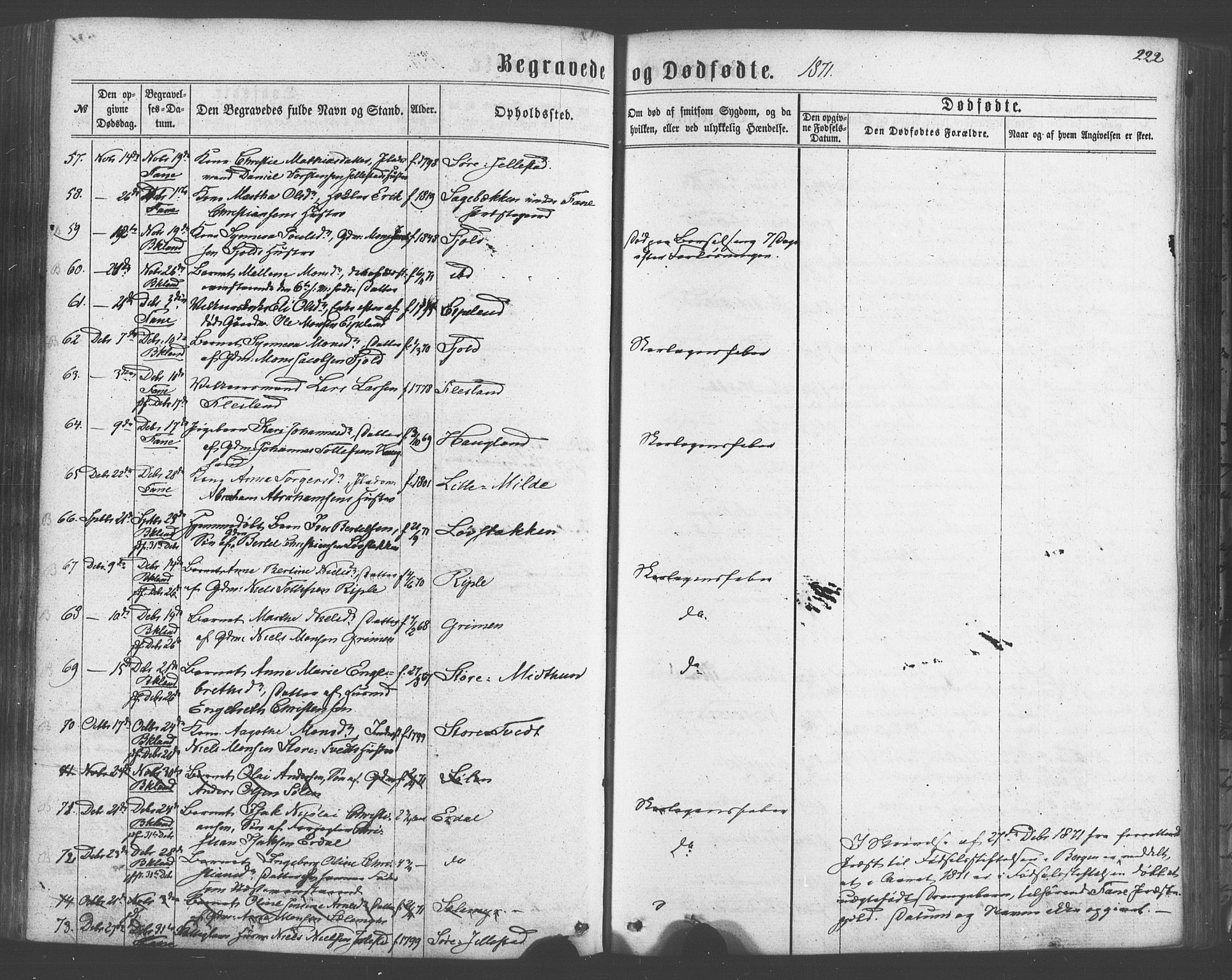 Fana Sokneprestembete, AV/SAB-A-75101/H/Haa/Haaa/L0012: Parish register (official) no. A 12, 1862-1878, p. 222