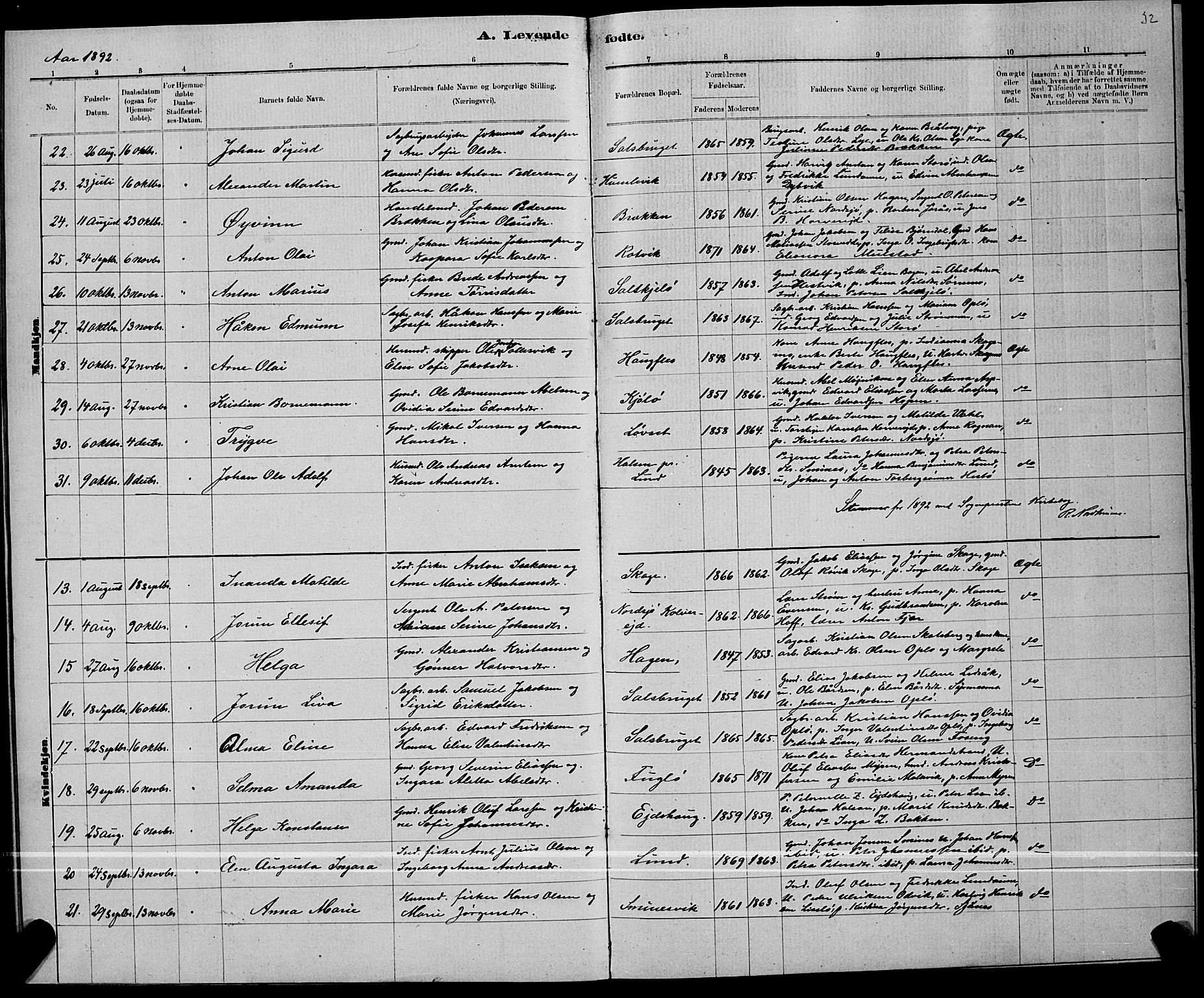 Ministerialprotokoller, klokkerbøker og fødselsregistre - Nord-Trøndelag, AV/SAT-A-1458/780/L0651: Parish register (copy) no. 780C03, 1884-1898, p. 32