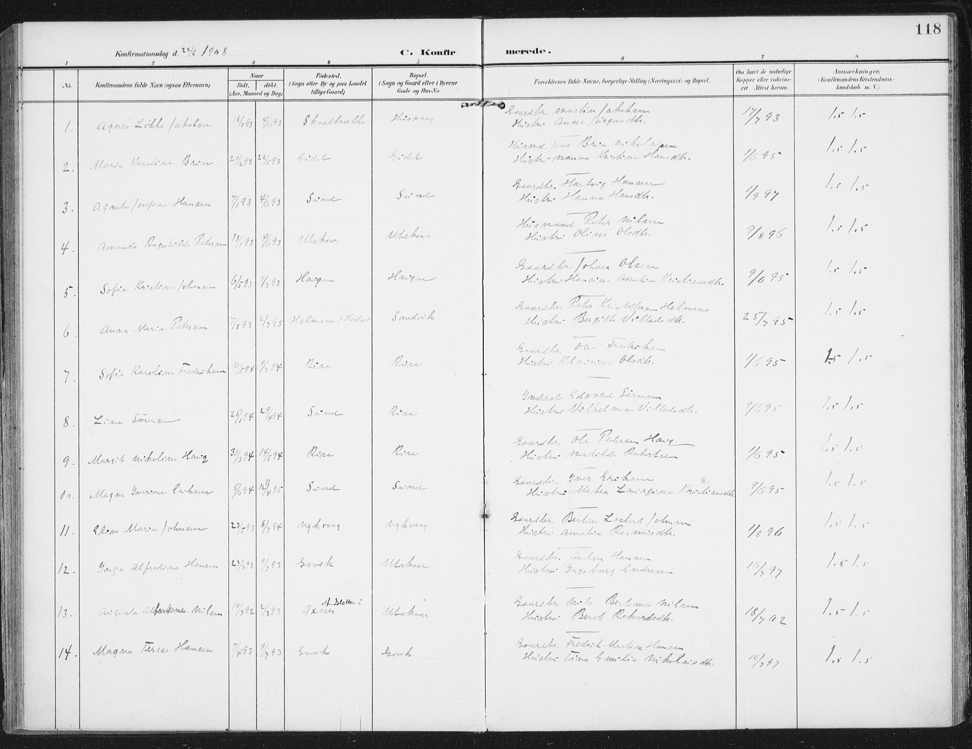Ministerialprotokoller, klokkerbøker og fødselsregistre - Nordland, SAT/A-1459/892/L1321: Parish register (official) no. 892A02, 1902-1918, p. 118