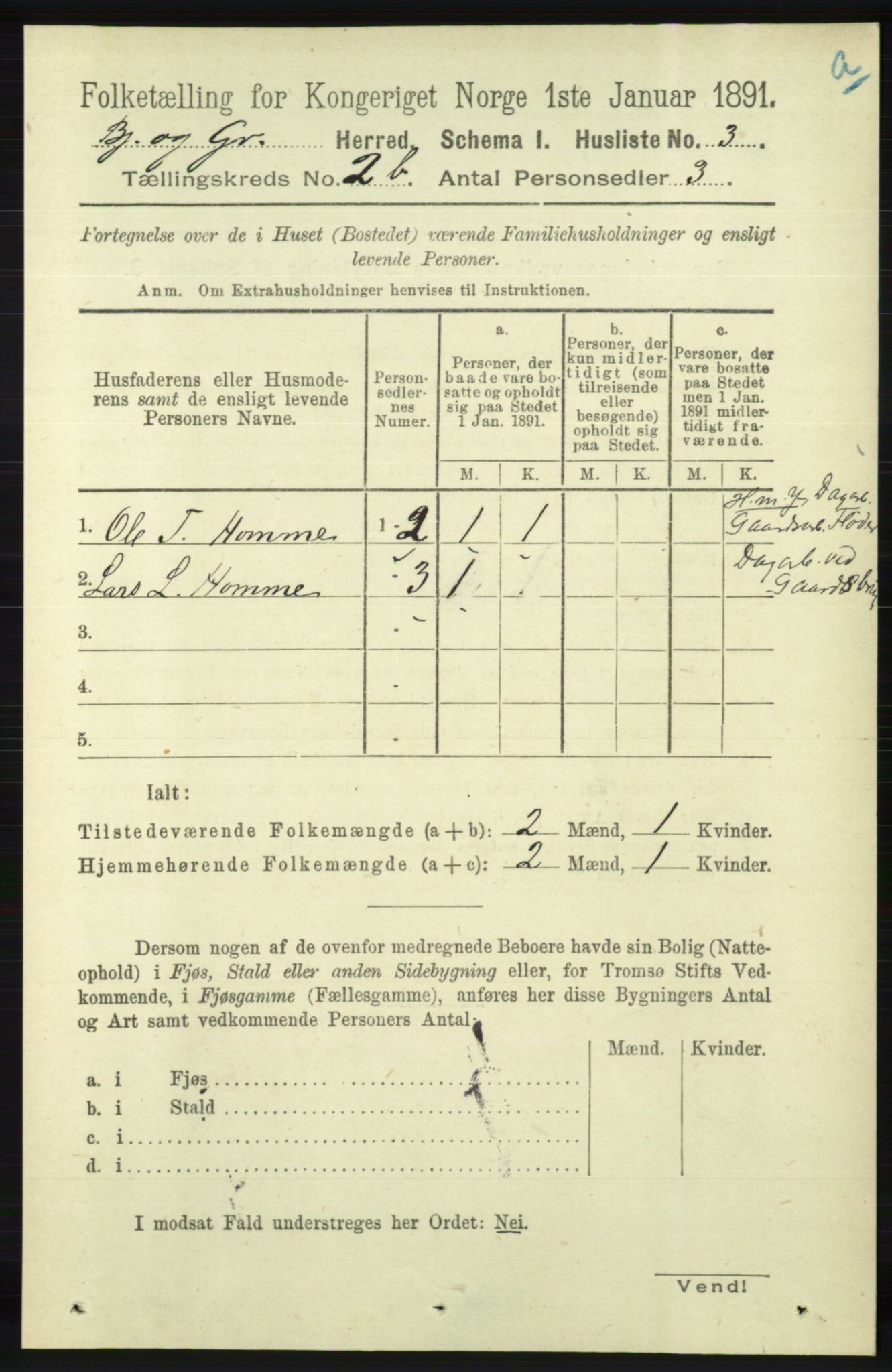 RA, 1891 census for 1024 Bjelland og Grindheim, 1891, p. 1079