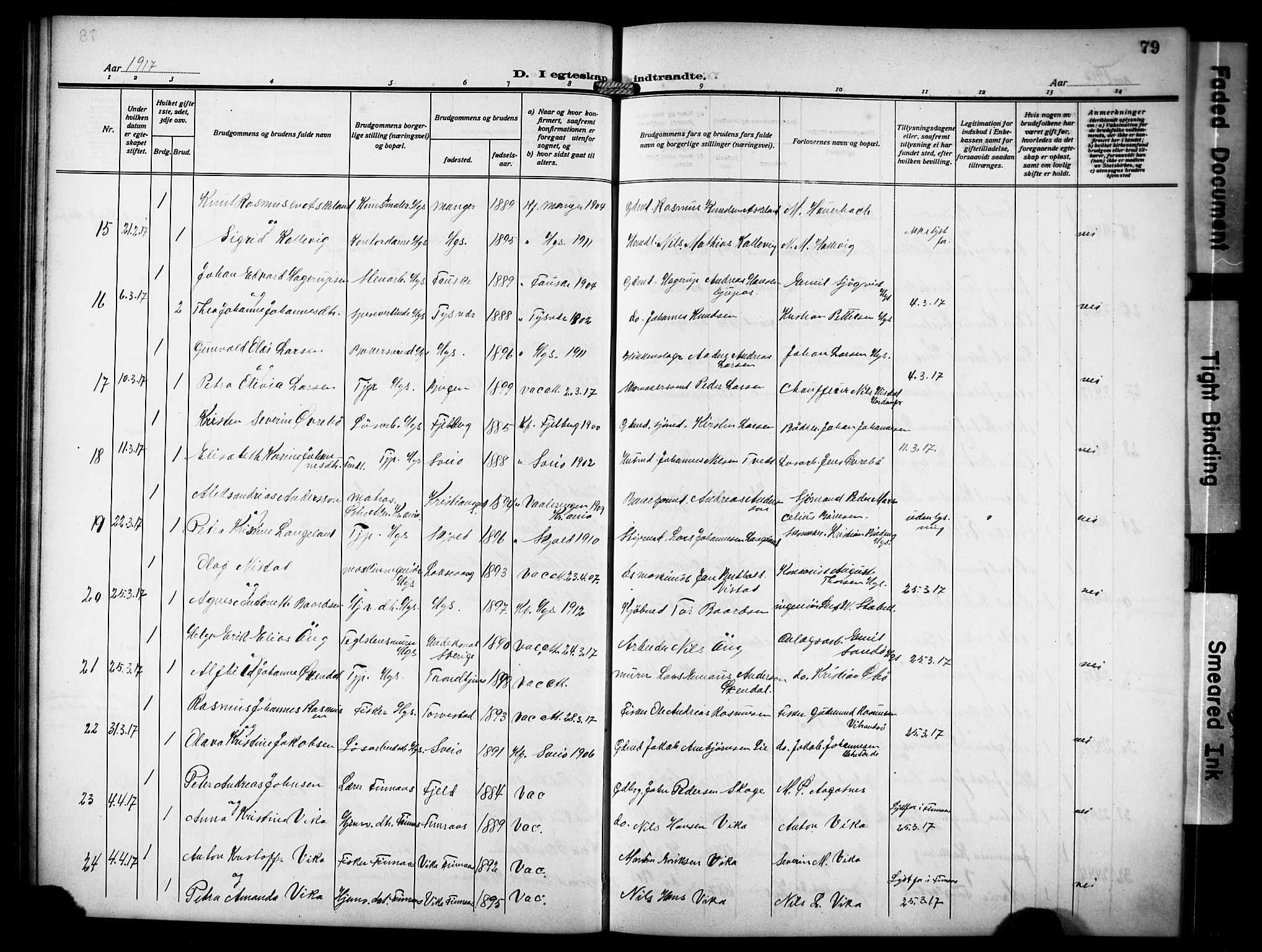 Haugesund sokneprestkontor, AV/SAST-A -101863/H/Ha/Hab/L0008: Parish register (copy) no. B 8, 1909-1921, p. 79