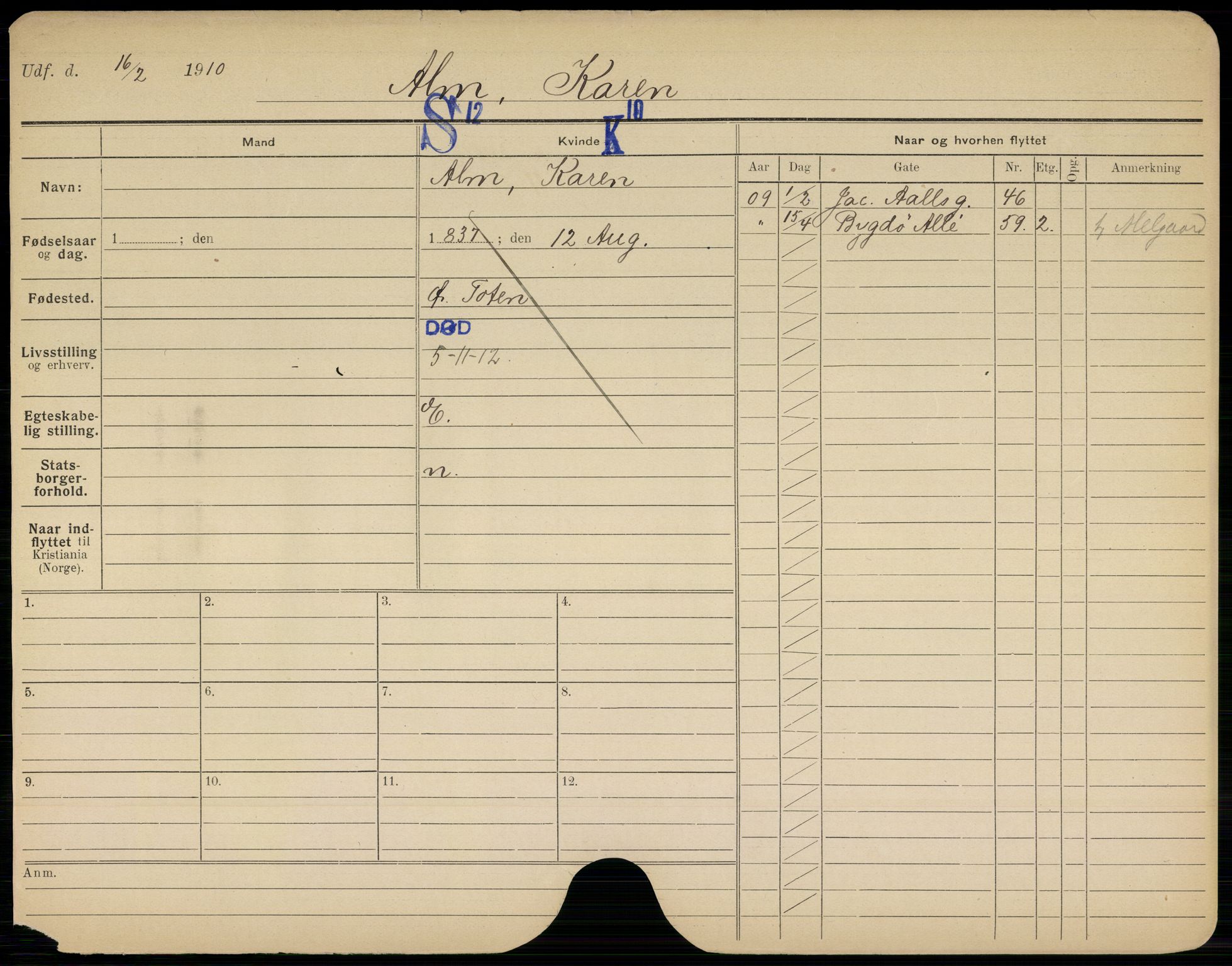 Oslo folkeregister, Registerkort, AV/SAO-A-11715/G/Gb/L0014: Kvinner, 1912