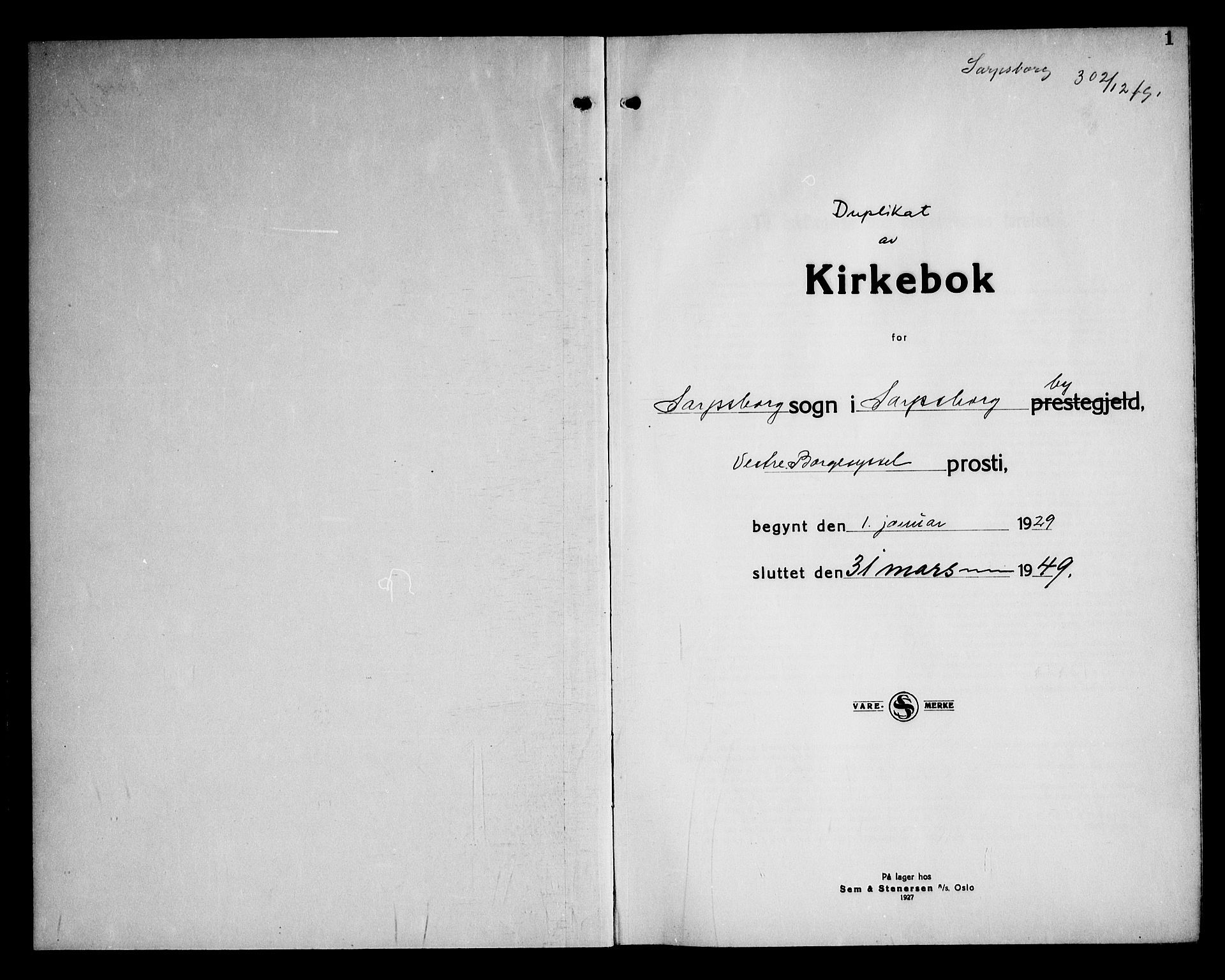 Sarpsborg prestekontor Kirkebøker, SAO/A-2006/G/Ga/L0004: Parish register (copy) no. 4, 1929-1949, p. 1