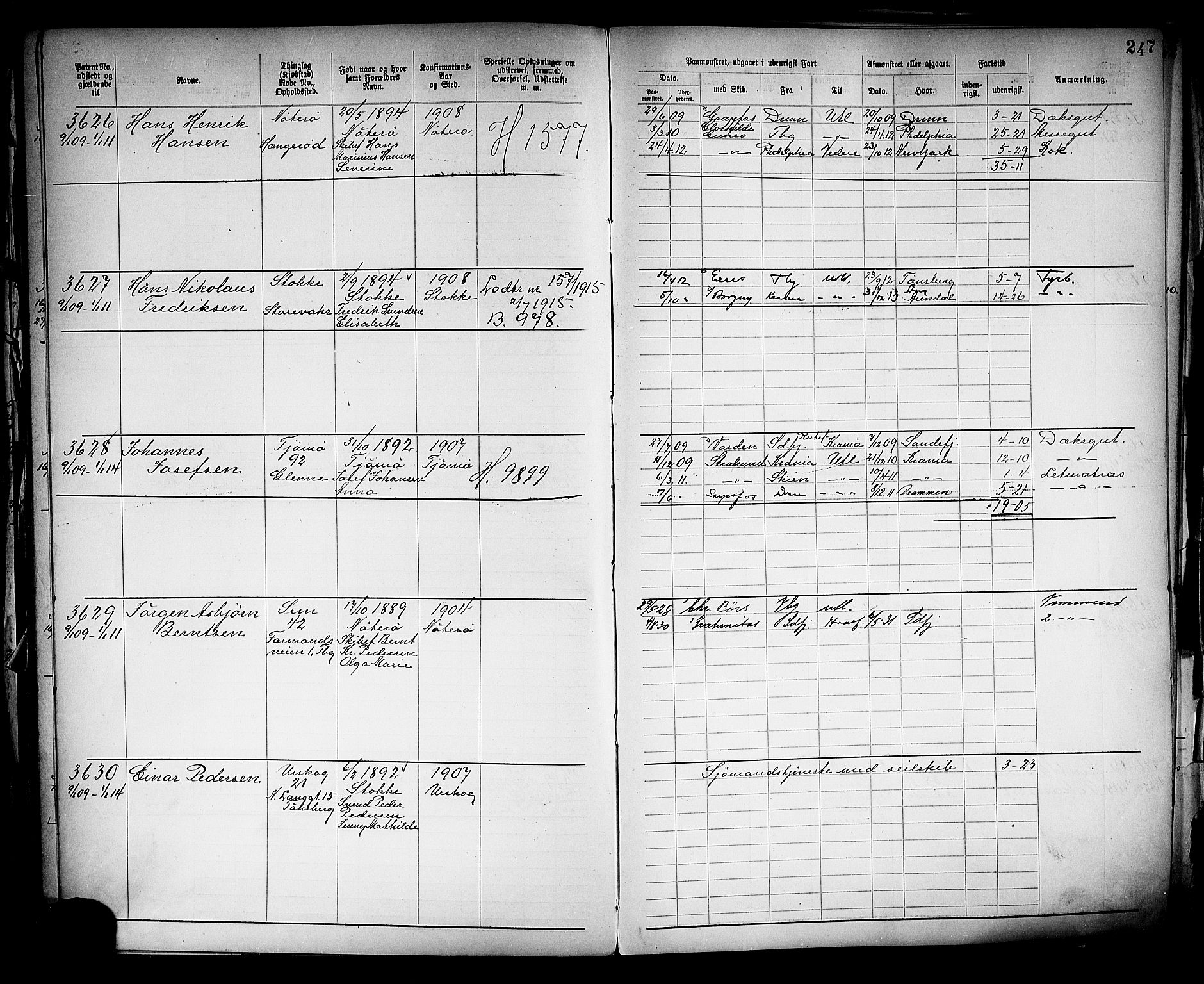 Tønsberg innrulleringskontor, AV/SAKO-A-786/F/Fb/L0005: Annotasjonsrulle Patent nr. 2401-4080, 1904-1910, p. 249