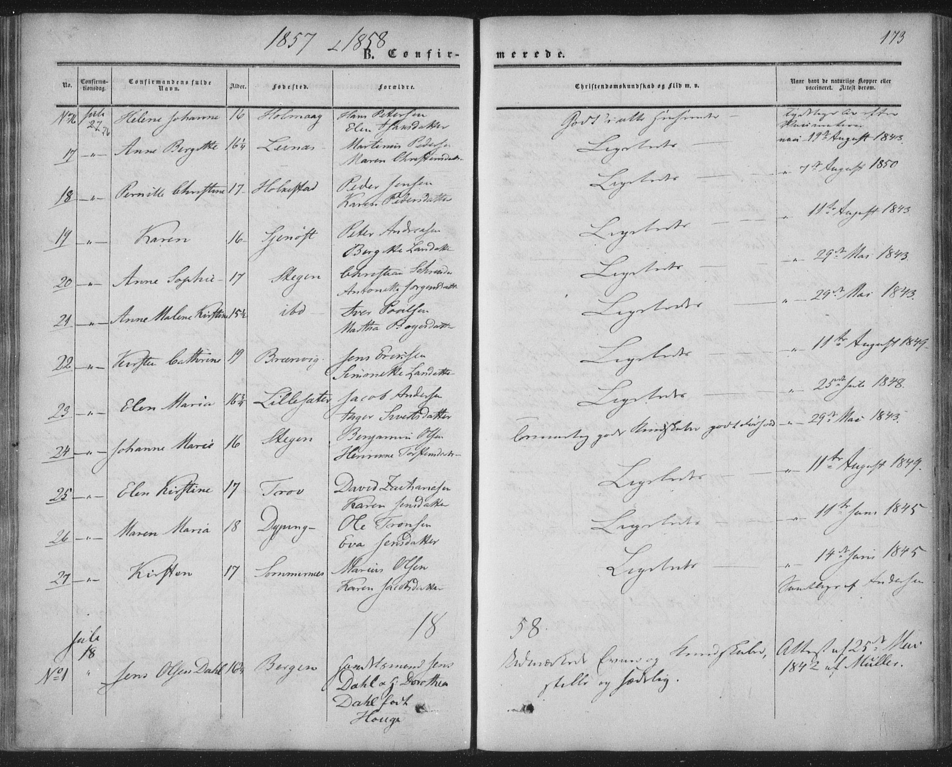 Ministerialprotokoller, klokkerbøker og fødselsregistre - Nordland, AV/SAT-A-1459/855/L0800: Parish register (official) no. 855A08, 1852-1864, p. 173