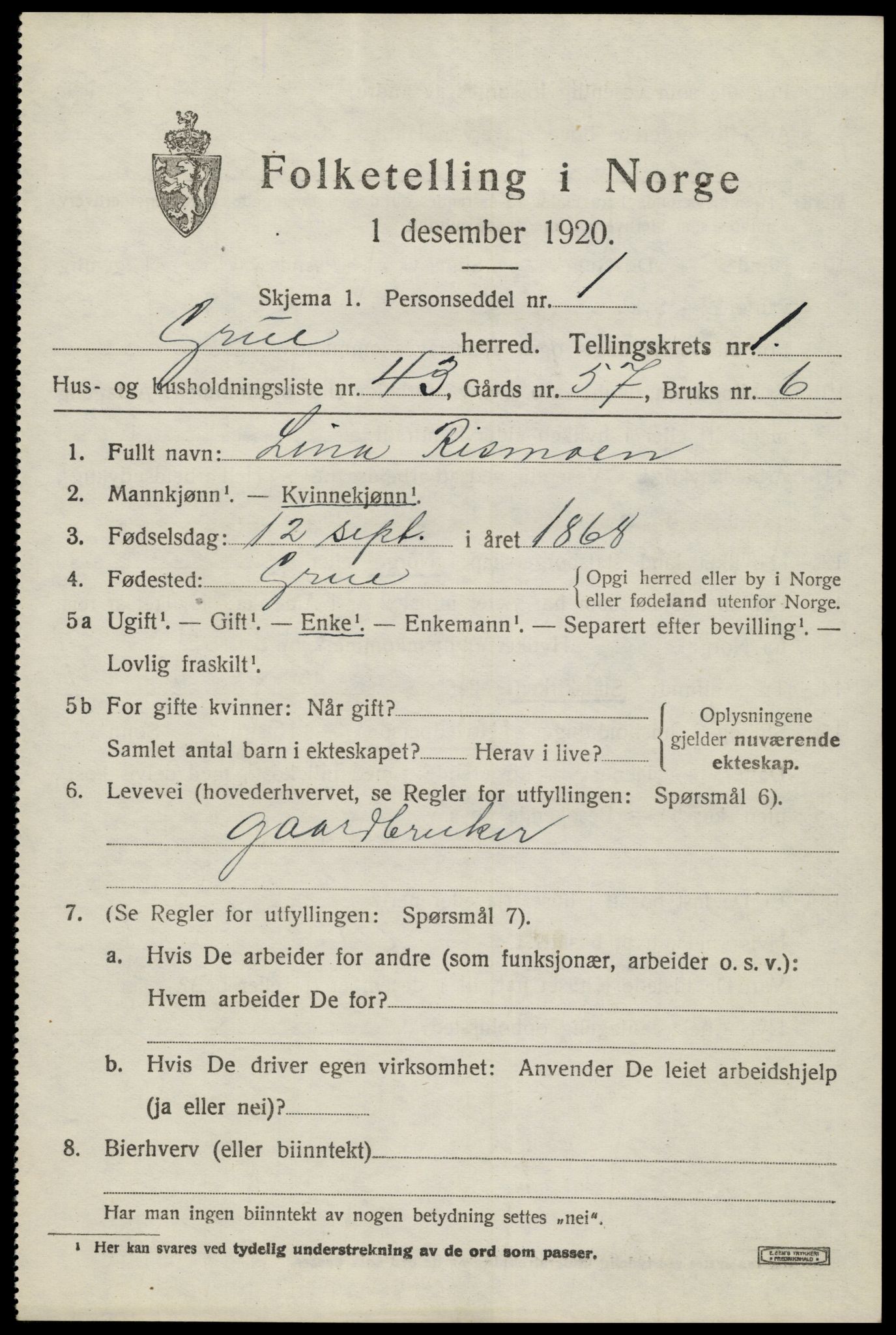 SAH, 1920 census for Grue, 1920, p. 2965