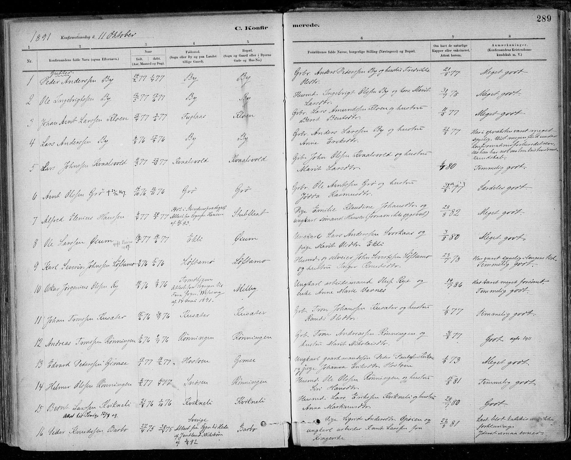 Ministerialprotokoller, klokkerbøker og fødselsregistre - Sør-Trøndelag, AV/SAT-A-1456/668/L0809: Parish register (official) no. 668A09, 1881-1895, p. 289