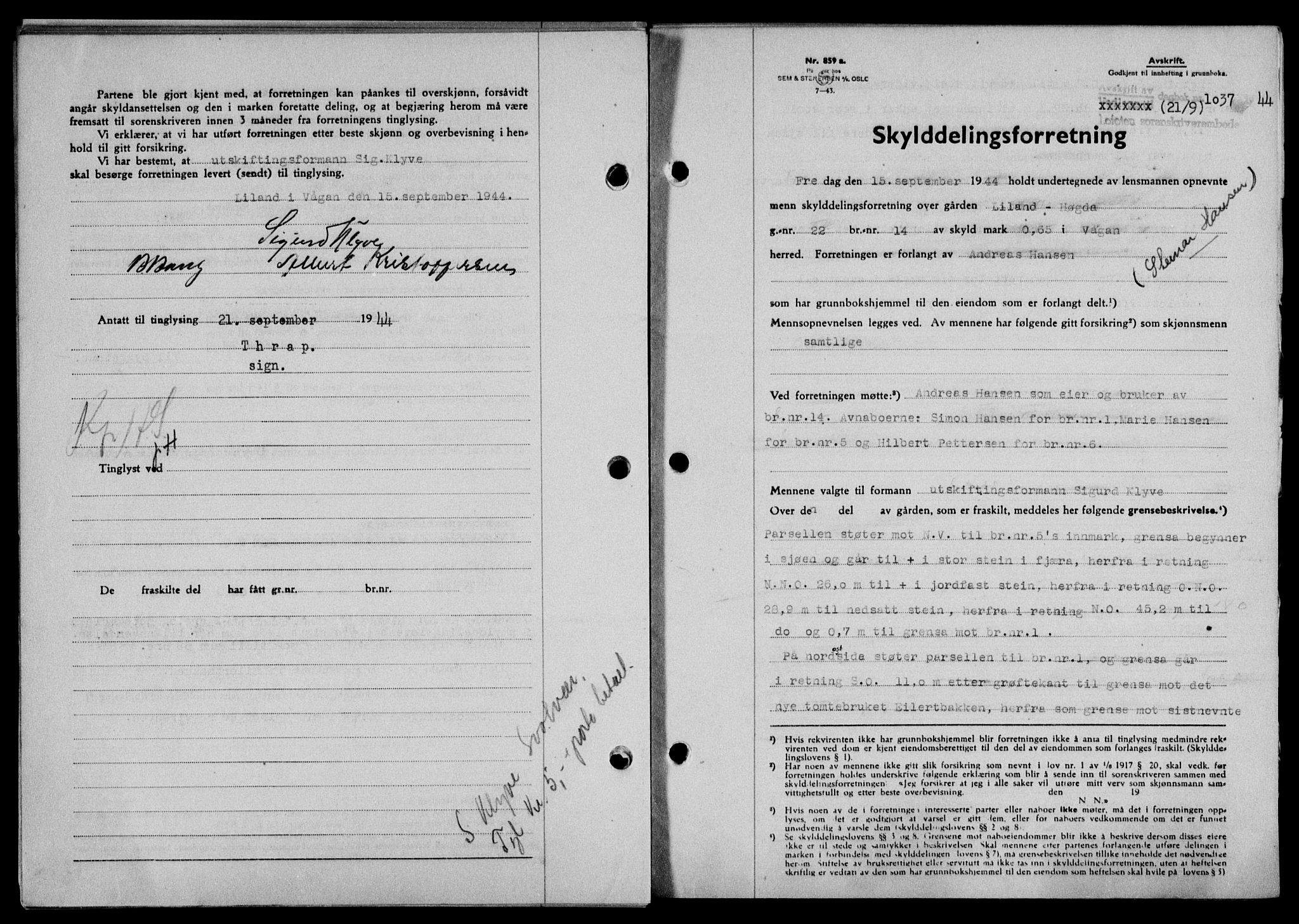Lofoten sorenskriveri, SAT/A-0017/1/2/2C/L0012a: Mortgage book no. 12a, 1943-1944, Diary no: : 1037/1944