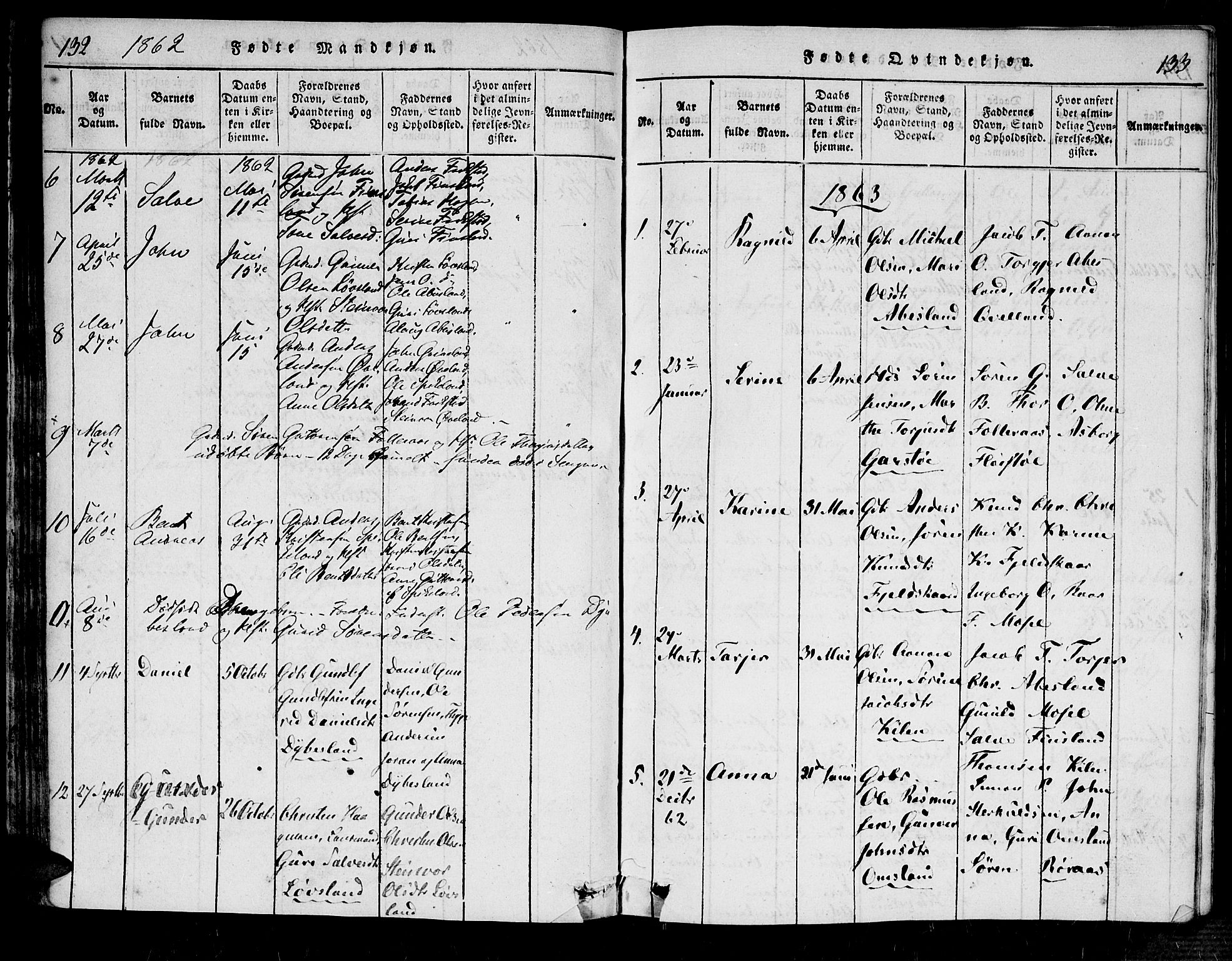 Bjelland sokneprestkontor, SAK/1111-0005/F/Fa/Fab/L0002: Parish register (official) no. A 2, 1816-1869, p. 132-133