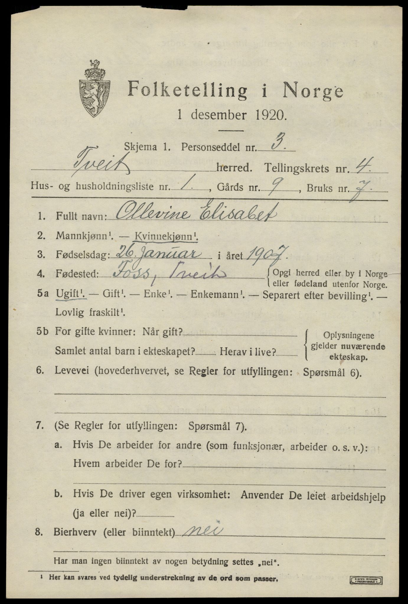 SAK, 1920 census for Tveit, 1920, p. 1982