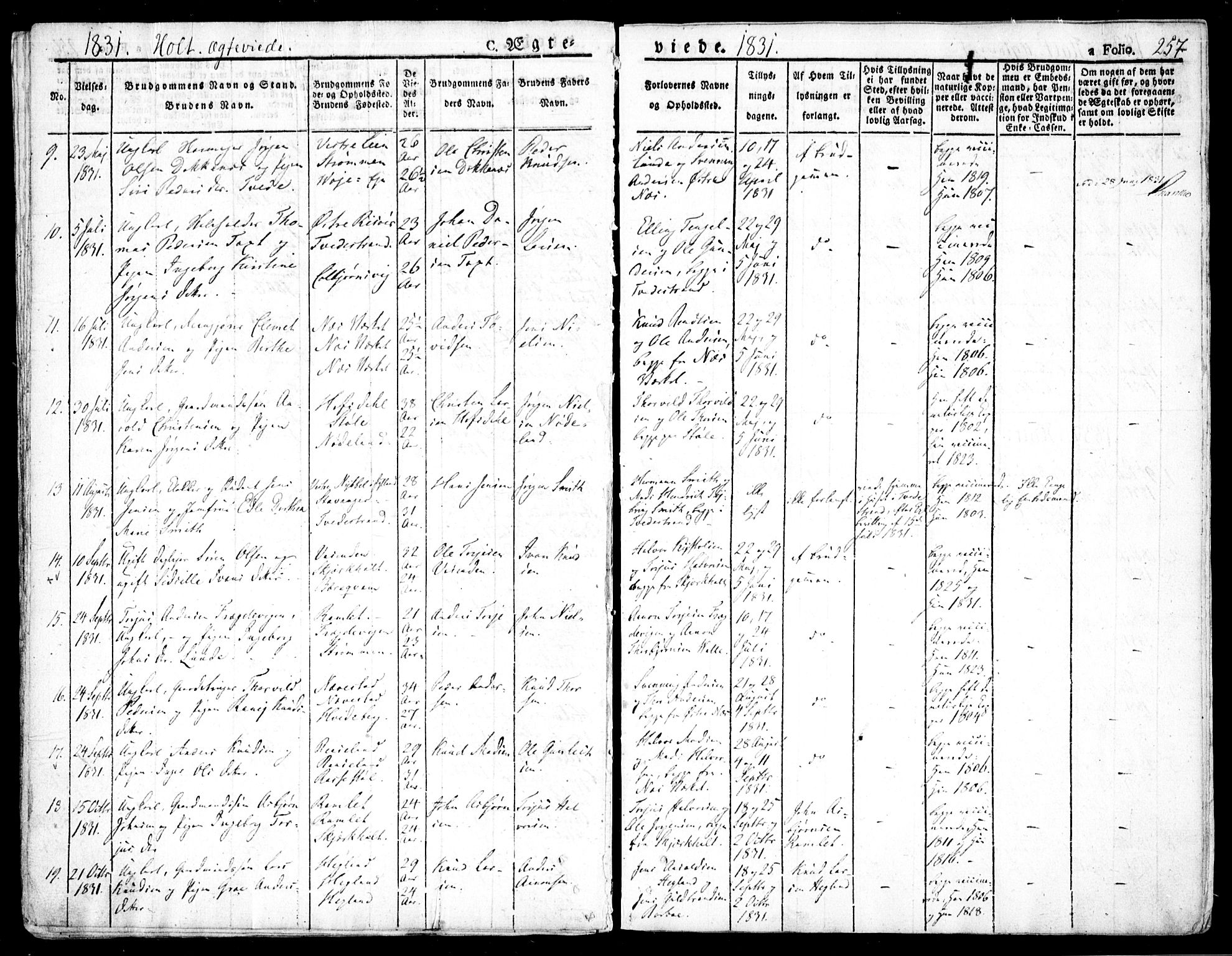 Holt sokneprestkontor, AV/SAK-1111-0021/F/Fa/L0006: Parish register (official) no. A 6, 1820-1835, p. 257