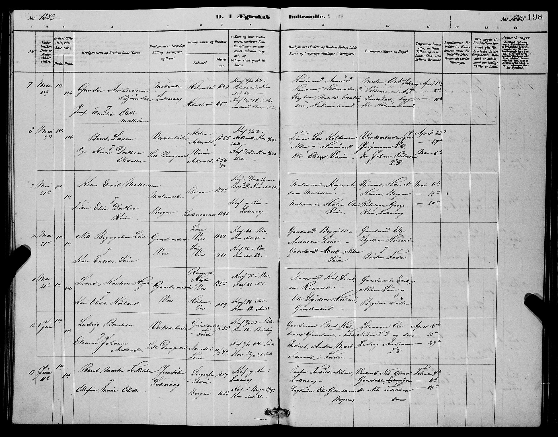Laksevåg Sokneprestembete, SAB/A-76501/H/Ha/Hab/Haba/L0002: Parish register (copy) no. A 2, 1877-1887, p. 198