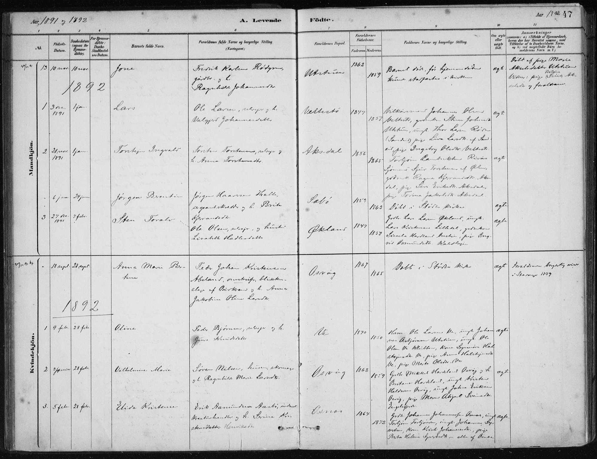 Etne sokneprestembete, AV/SAB-A-75001/H/Haa: Parish register (official) no. C  1, 1879-1919, p. 47