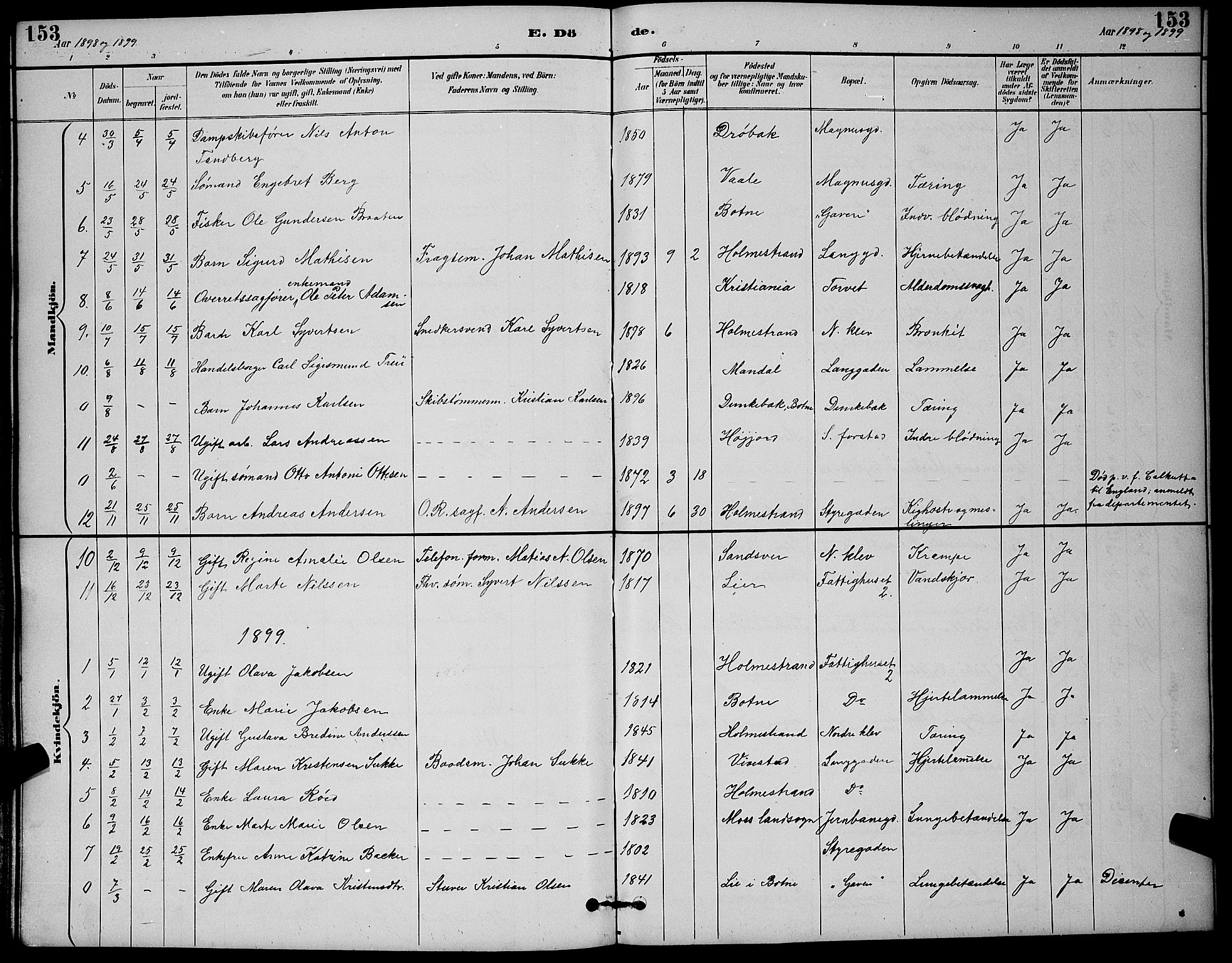 Holmestrand kirkebøker, AV/SAKO-A-346/G/Ga/L0005: Parish register (copy) no. 5, 1889-1901, p. 153