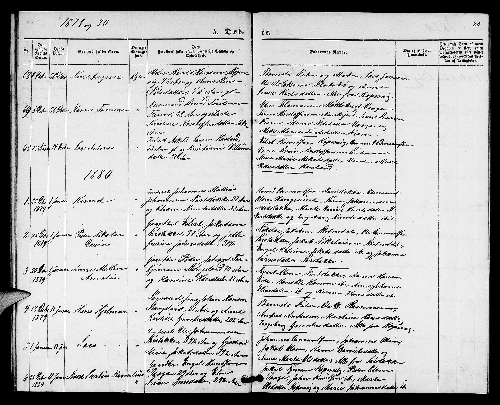 Kopervik sokneprestkontor, SAST/A-101850/H/Ha/Hab/L0001: Parish register (copy) no. B 1, 1877-1891, p. 20