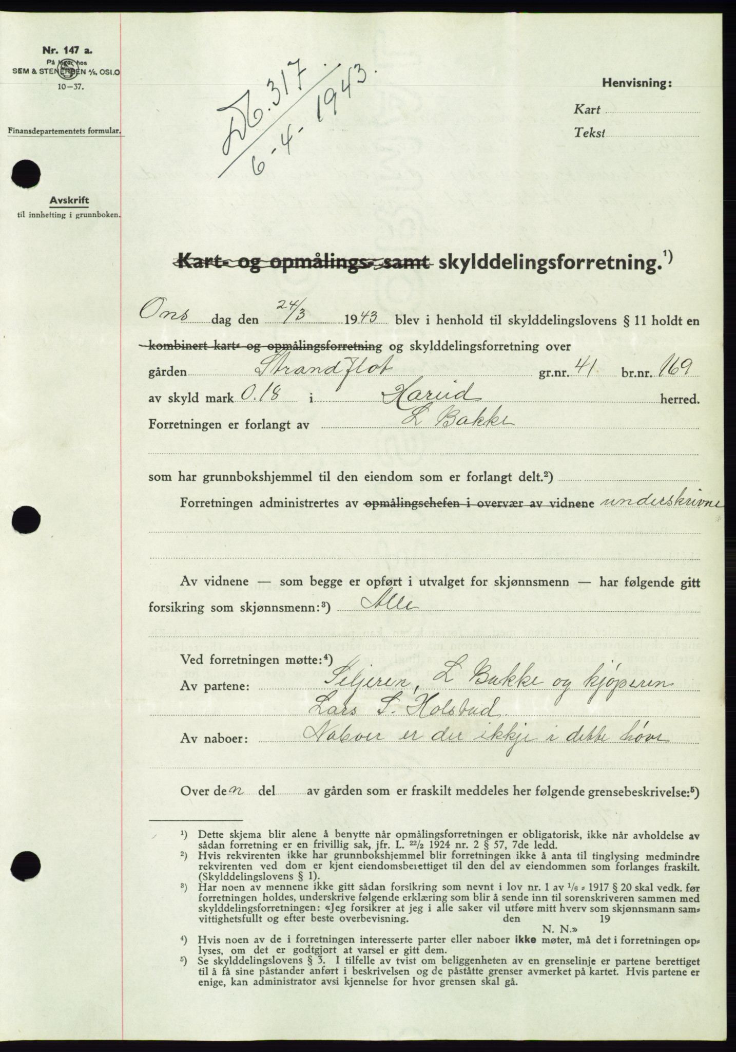 Søre Sunnmøre sorenskriveri, AV/SAT-A-4122/1/2/2C/L0075: Mortgage book no. 1A, 1943-1943, Diary no: : 317/1943