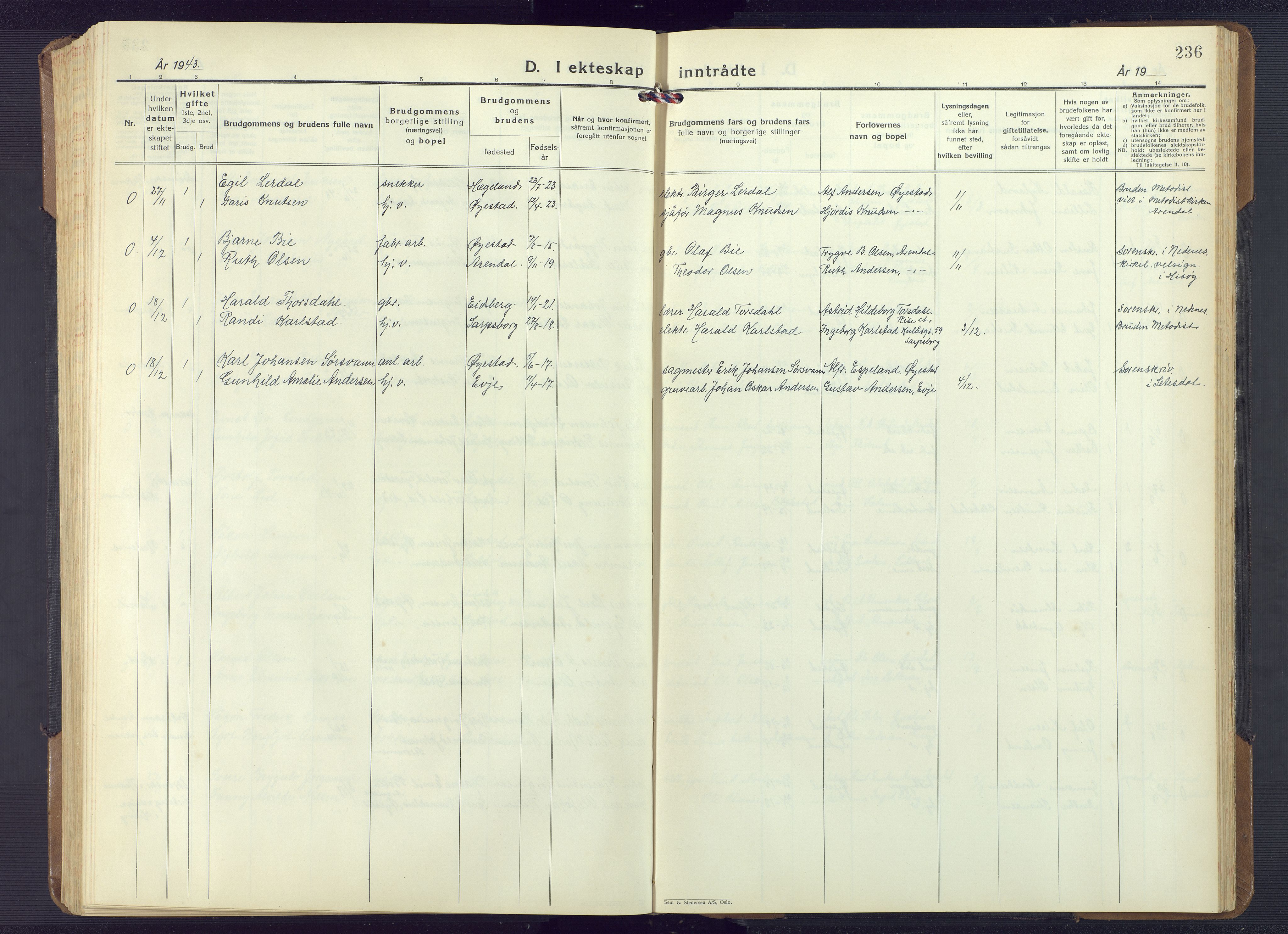 Øyestad sokneprestkontor, AV/SAK-1111-0049/F/Fb/L0013: Parish register (copy) no. B 13, 1933-1945, p. 236