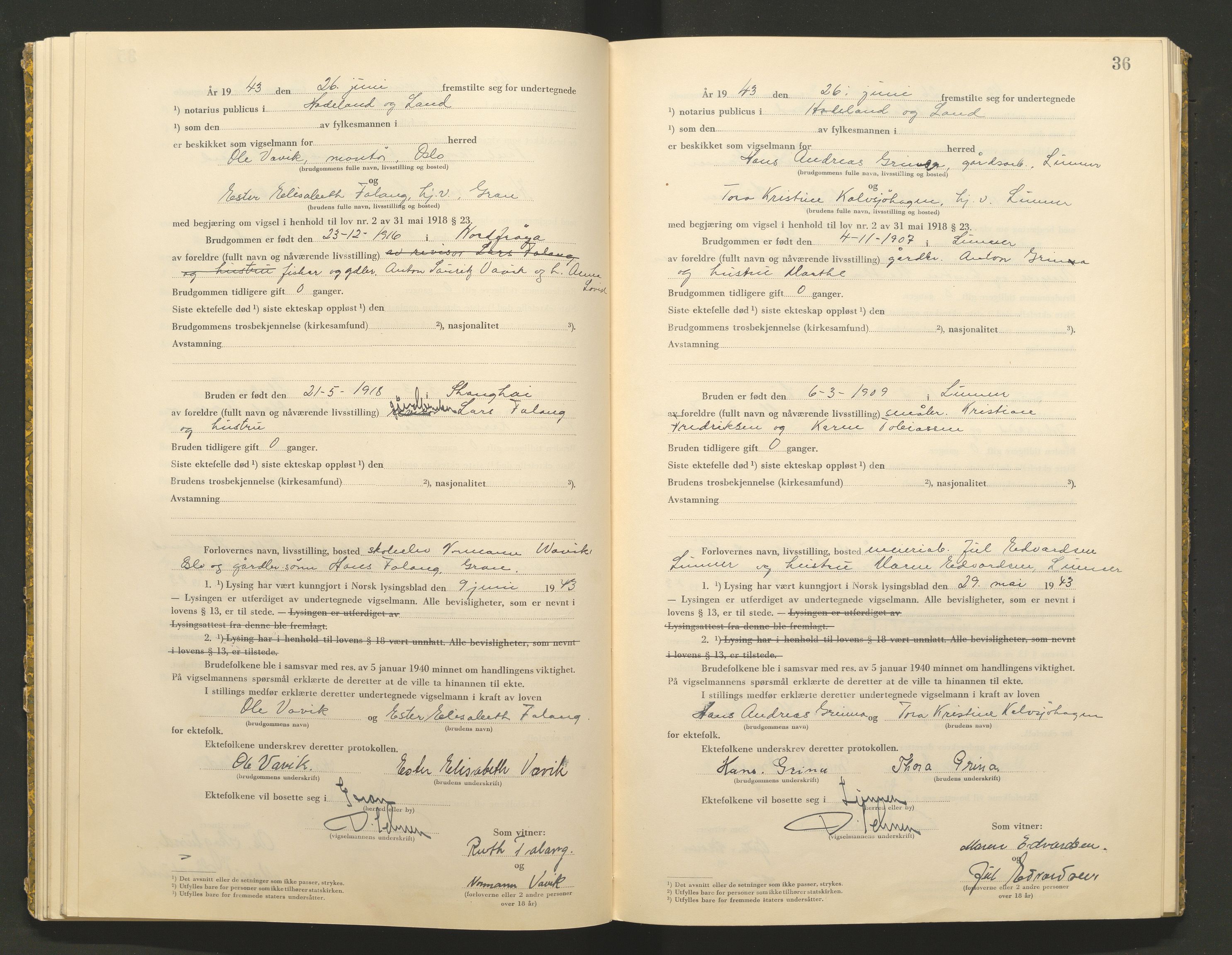 Hadeland og Land tingrett, AV/SAH-TING-010/L/Lb/L0002: Vigselbok, 1943-1944, p. 36
