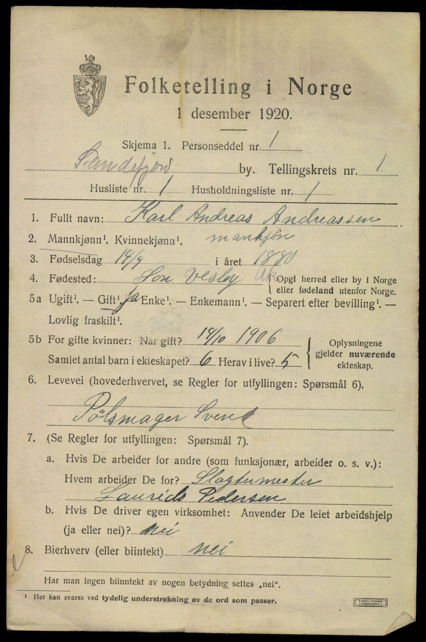 SAKO, 1920 census for Sandefjord, 1920, p. 4180