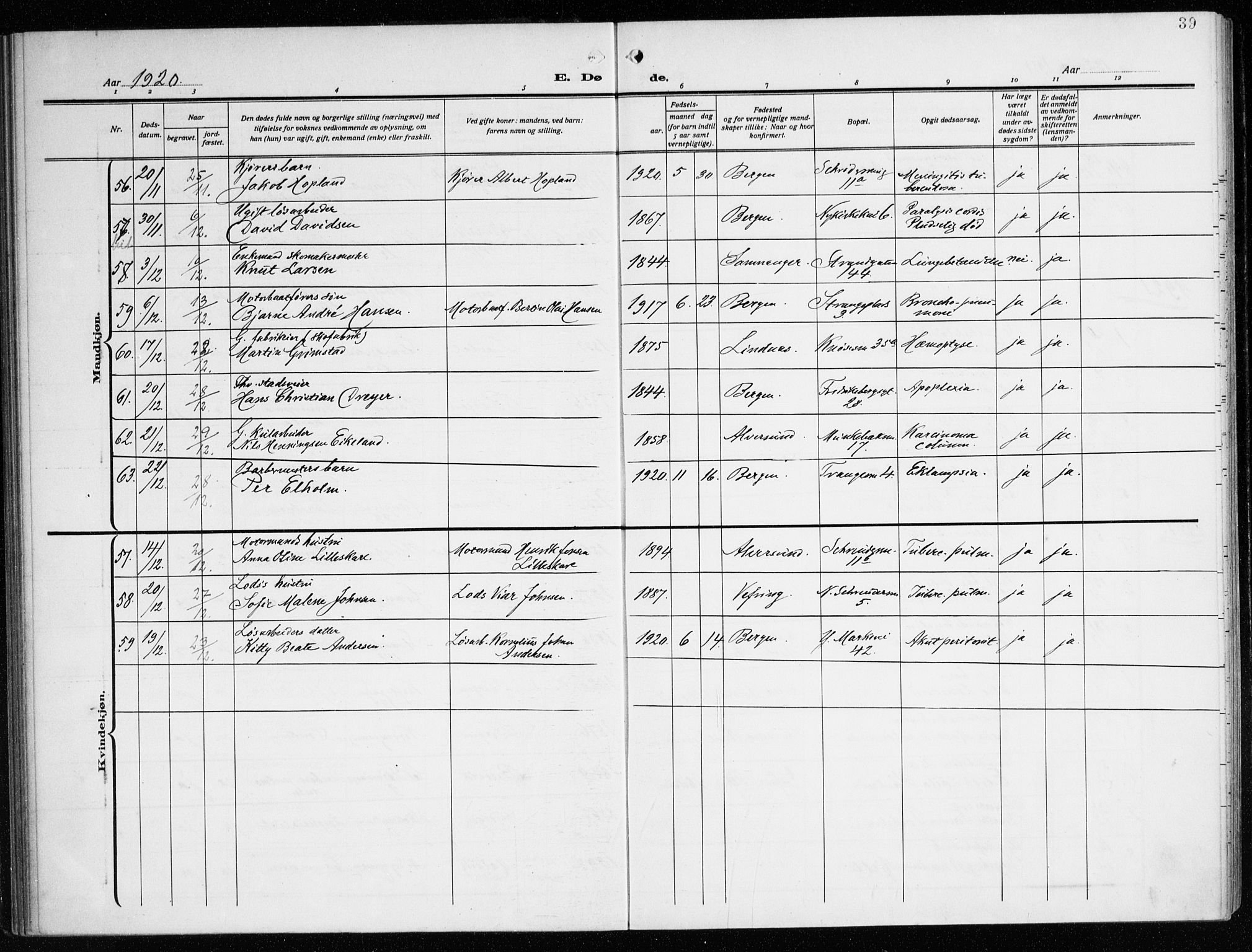 Nykirken Sokneprestembete, AV/SAB-A-77101/H/Haa/L0046: Parish register (official) no. E 6, 1918-1944, p. 39