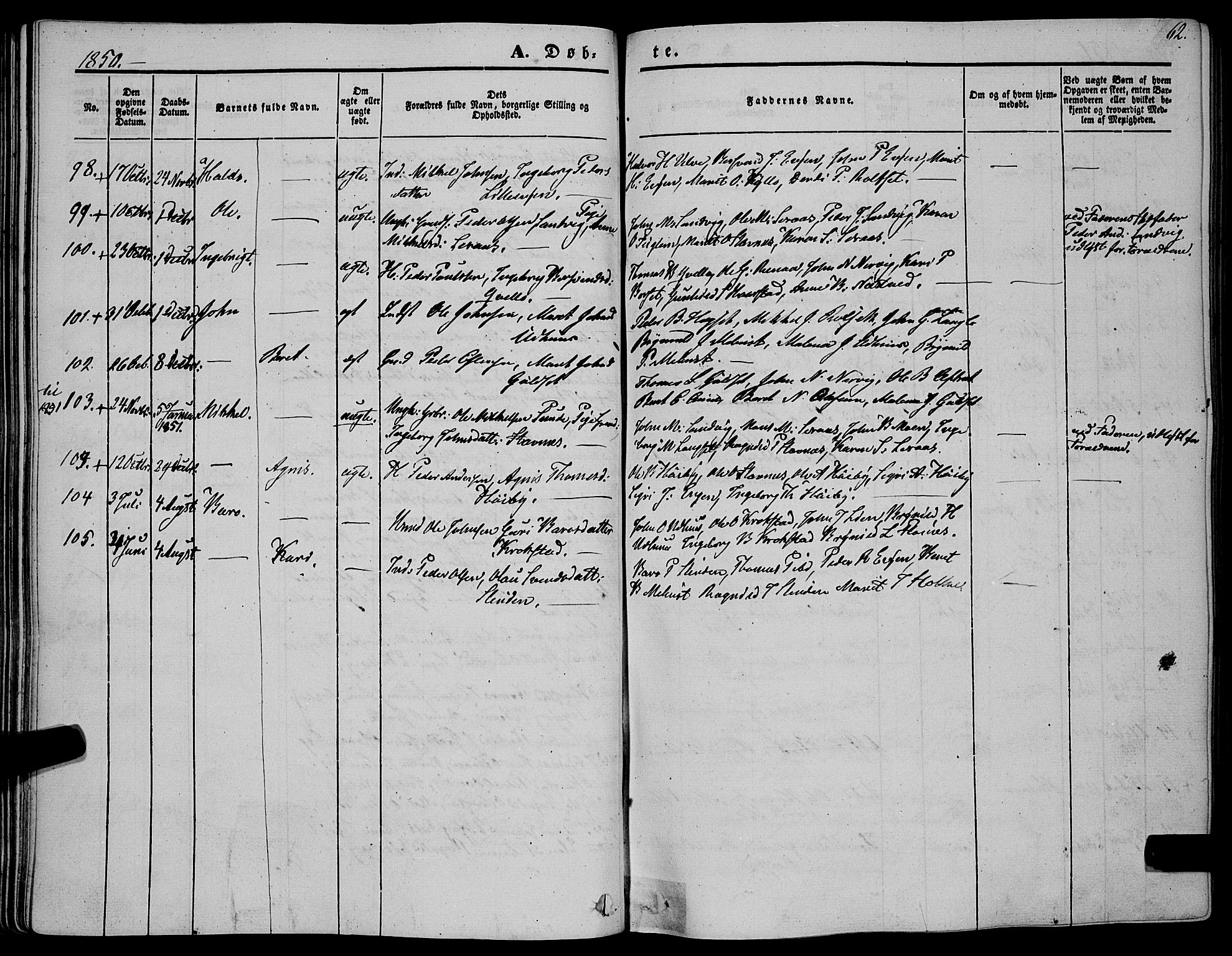 Ministerialprotokoller, klokkerbøker og fødselsregistre - Sør-Trøndelag, SAT/A-1456/695/L1145: Parish register (official) no. 695A06 /1, 1843-1859, p. 62