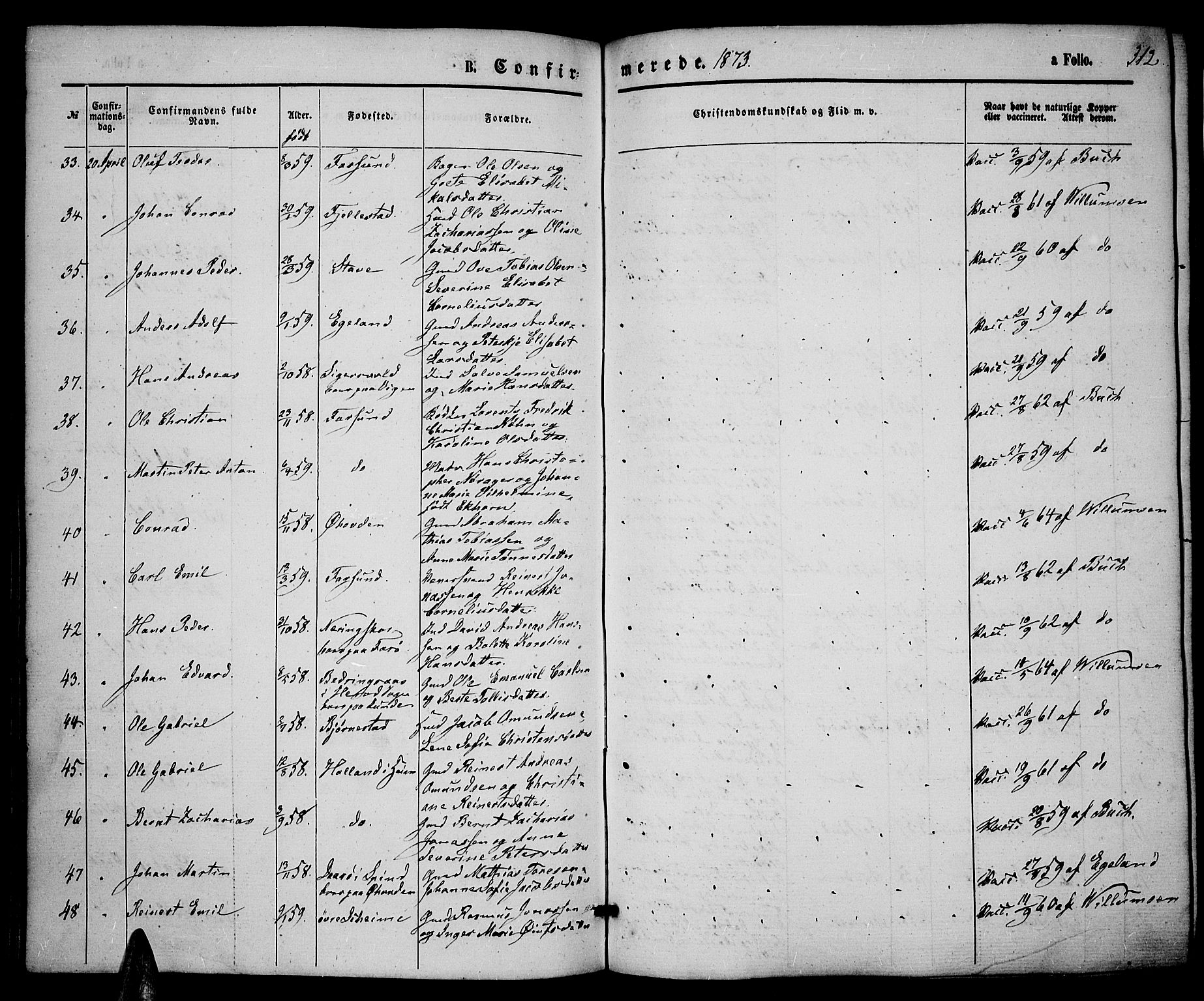 Lista sokneprestkontor, AV/SAK-1111-0027/F/Fb/L0003: Parish register (copy) no. B 3, 1862-1877, p. 312