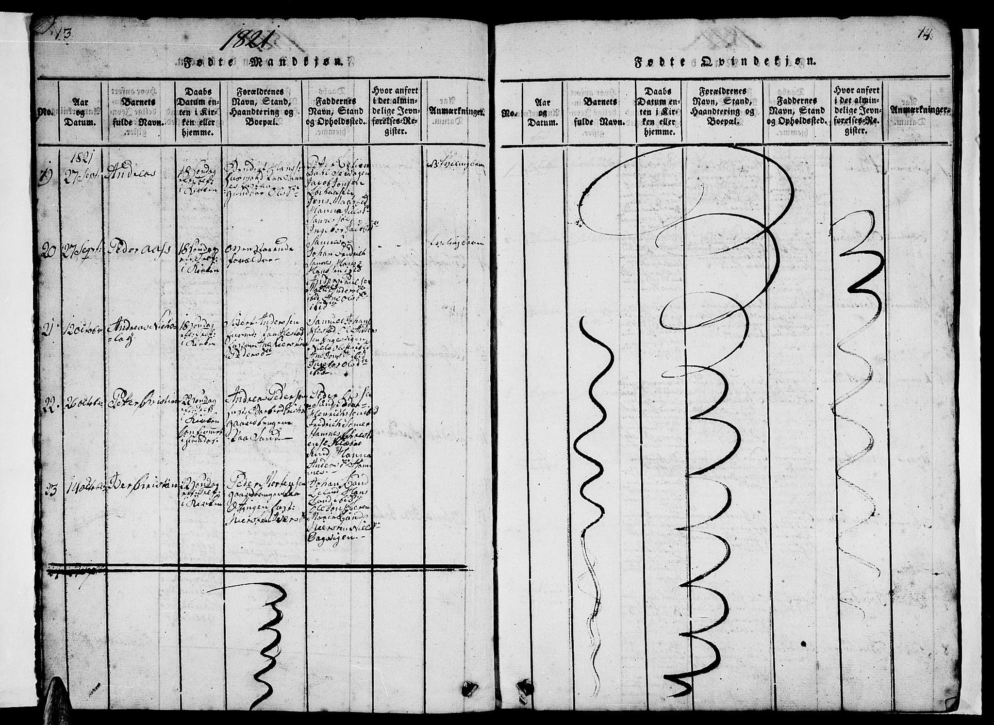 Ministerialprotokoller, klokkerbøker og fødselsregistre - Nordland, AV/SAT-A-1459/831/L0474: Parish register (copy) no. 831C01, 1820-1850, p. 13-14