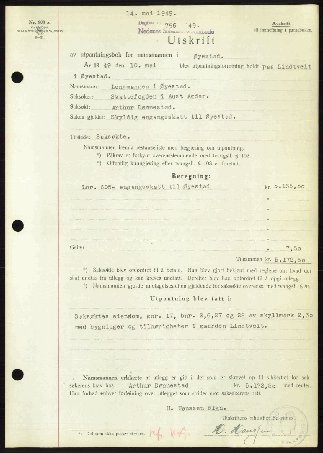 Nedenes sorenskriveri, AV/SAK-1221-0006/G/Gb/Gba/L0060: Mortgage book no. A12, 1948-1949, Diary no: : 756/1949