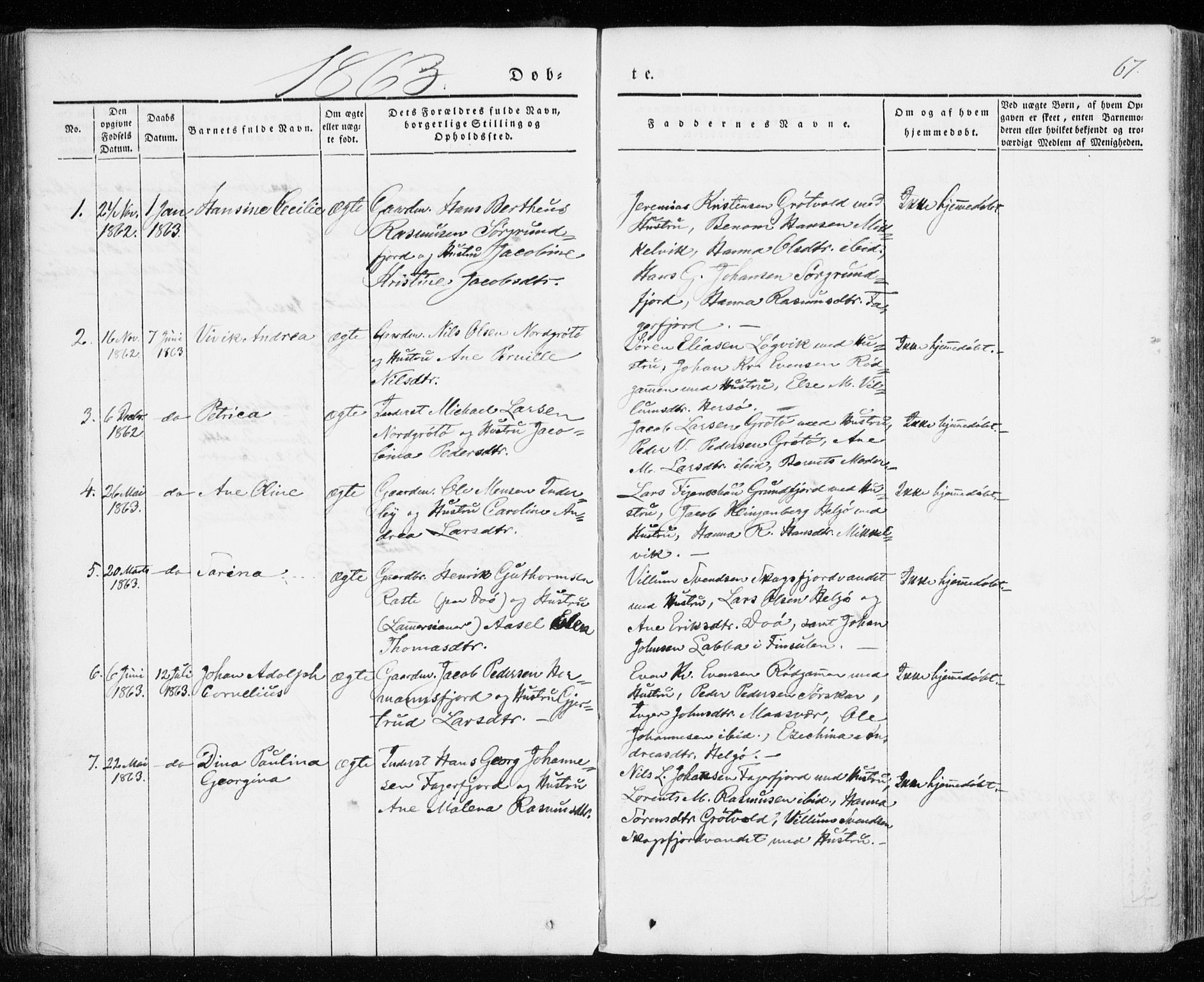 Karlsøy sokneprestembete, SATØ/S-1299/H/Ha/Haa/L0009kirke: Parish register (official) no. 9, 1838-1867, p. 67