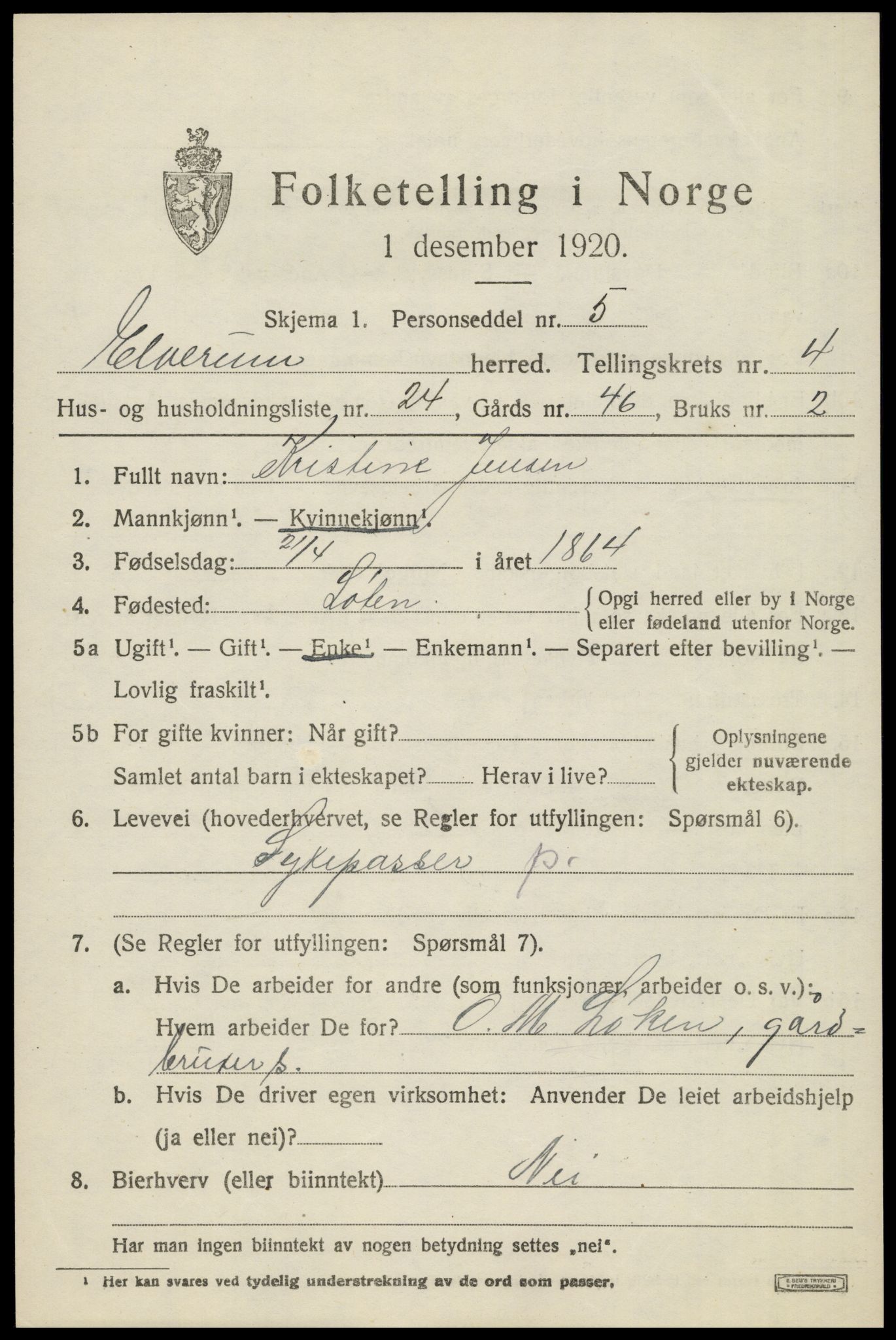 SAH, 1920 census for Elverum, 1920, p. 6922